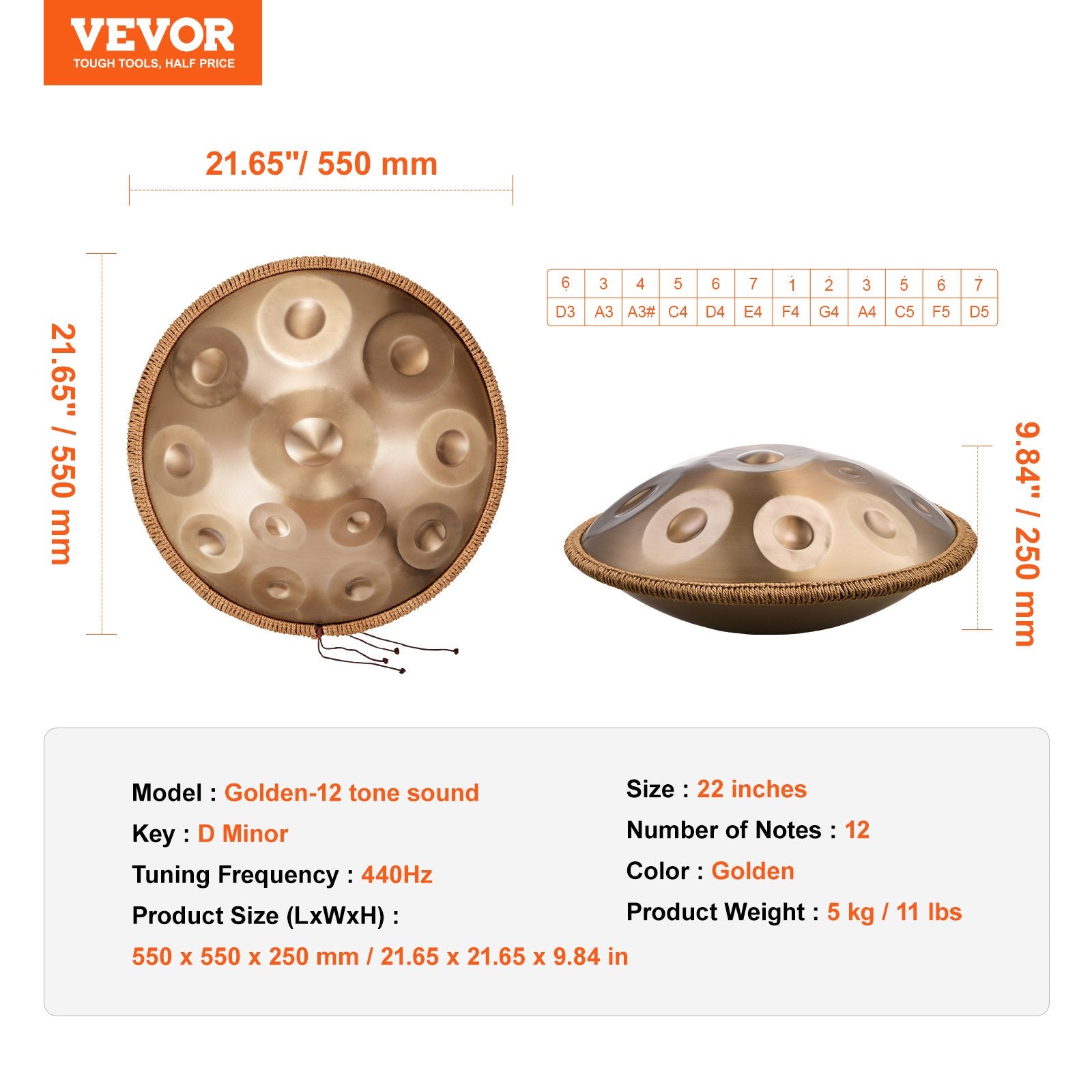 Drums: VEVOR Handpan Drum 22 in 12 Notes D Minor Hand Drum Instrument with Mallet