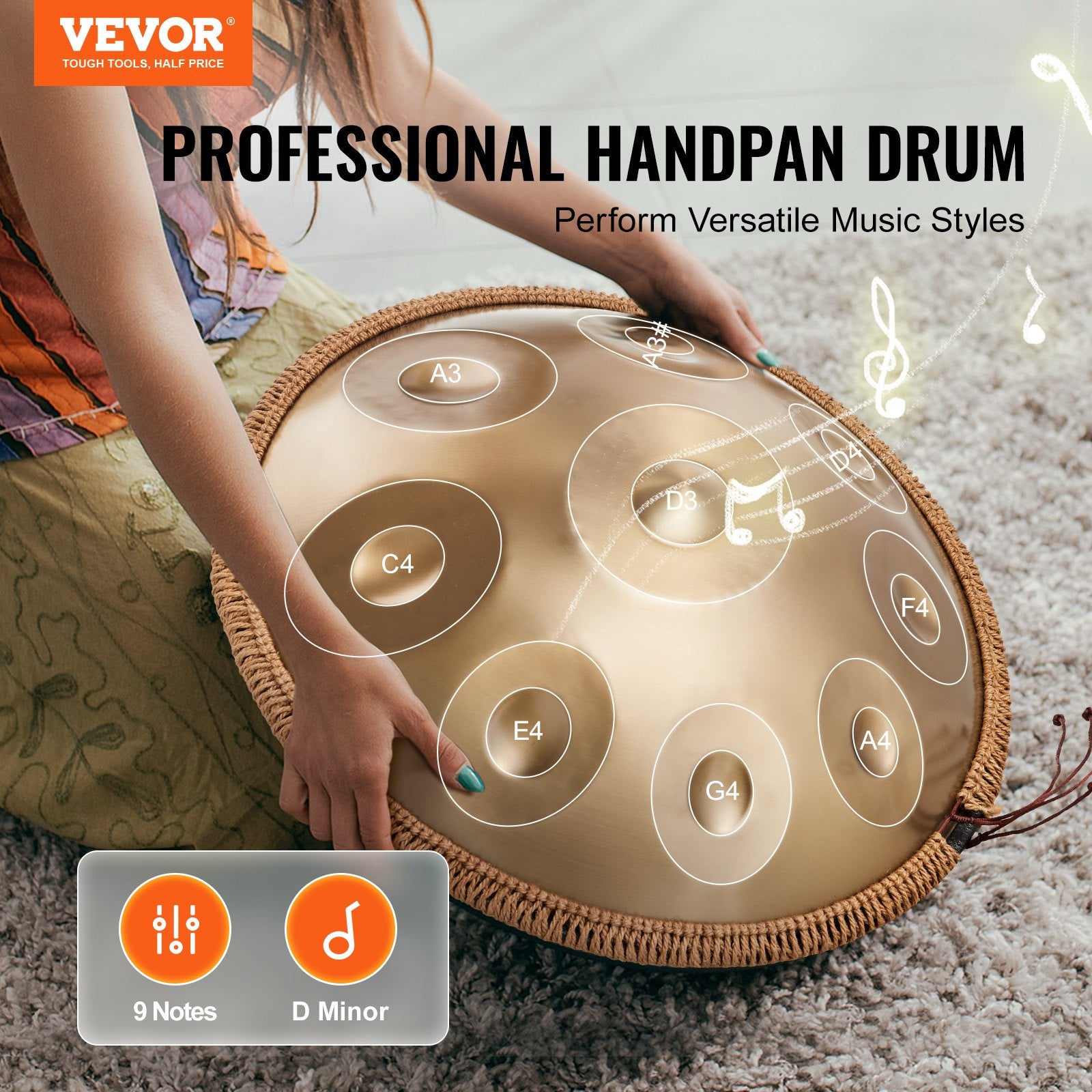 Drums: VEVOR Handpan Drum 22 in 9 Notes D Minor Steel Hand Drum with Mallets for Adult