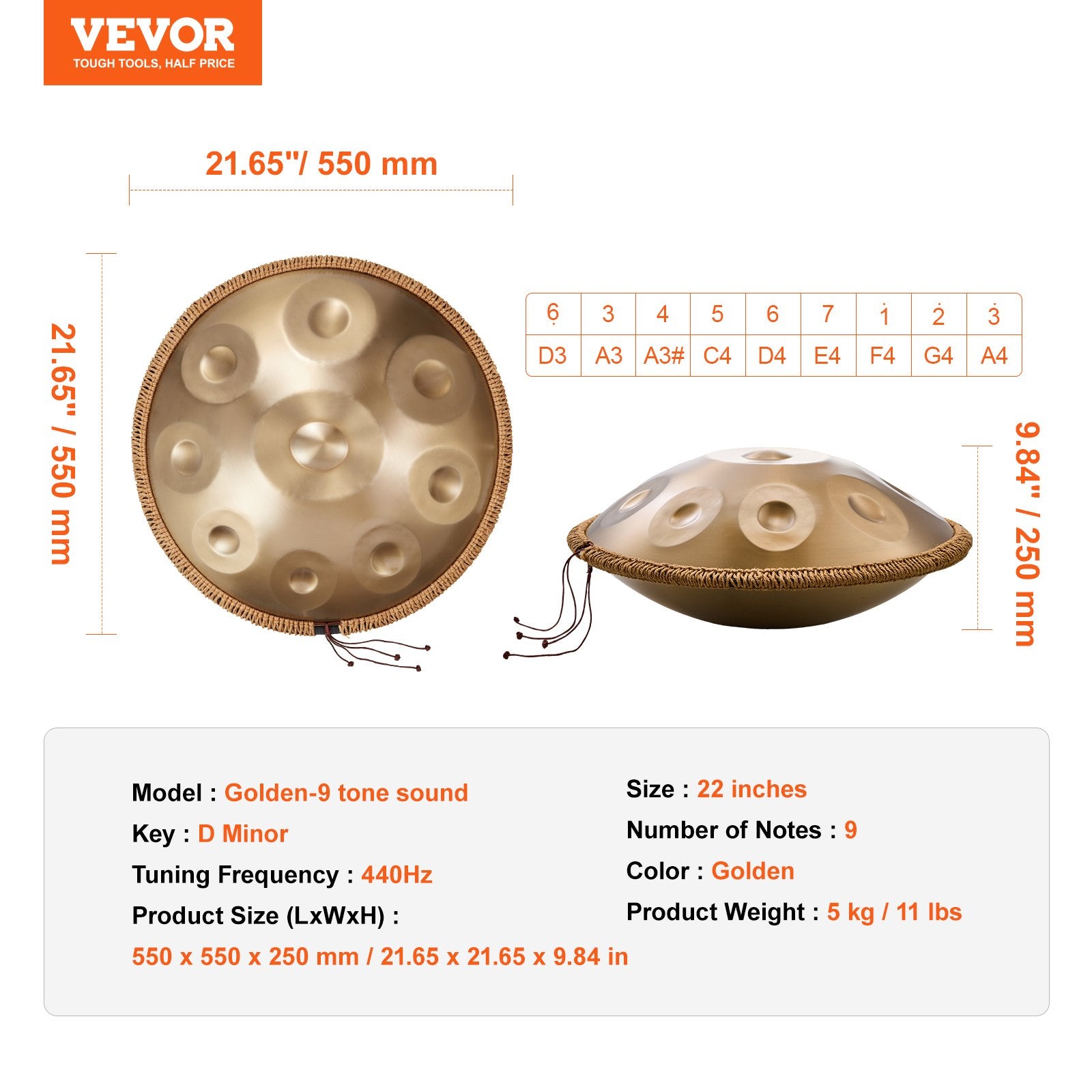 Drums: VEVOR Handpan Drum 22 in 9 Notes D Minor Steel Hand Drum with Mallets for Adult