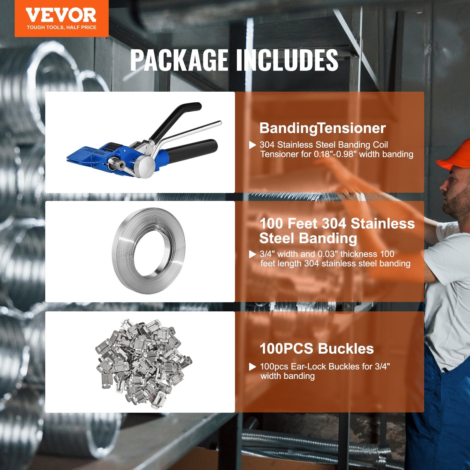 Banding Strapping Kit with Strapping Tensioner Tool, 30 m Length 304 Stainless Steel Banding, 100 Metal Seals, Pallet Packaging Strapping Banding Kit, Banding Packaging Strapping for Packing