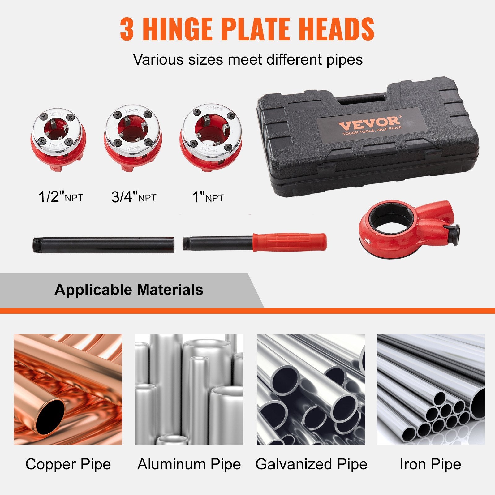 Tool Sockets: VEVOR Ratchet Pipe Threader Kit, 1/2" NPT, 3/4" NPT, 1" NPT Manual Ratcheting Pipe Threader, Portable Pipe Threading Tool Set with 3PCS NPT Dies, Storage Case for Galvanized Aluminum Iron Copper Pipes