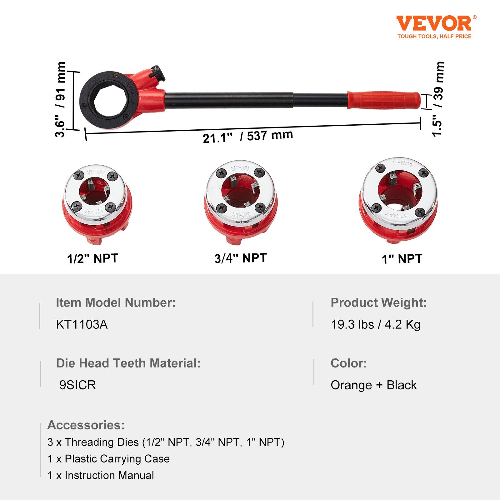 Tool Sockets: VEVOR Ratchet Pipe Threader Kit, 1/2" NPT, 3/4" NPT, 1" NPT Manual Ratcheting Pipe Threader, Portable Pipe Threading Tool Set with 3PCS NPT Dies, Storage Case for Galvanized Aluminum Iron Copper Pipes