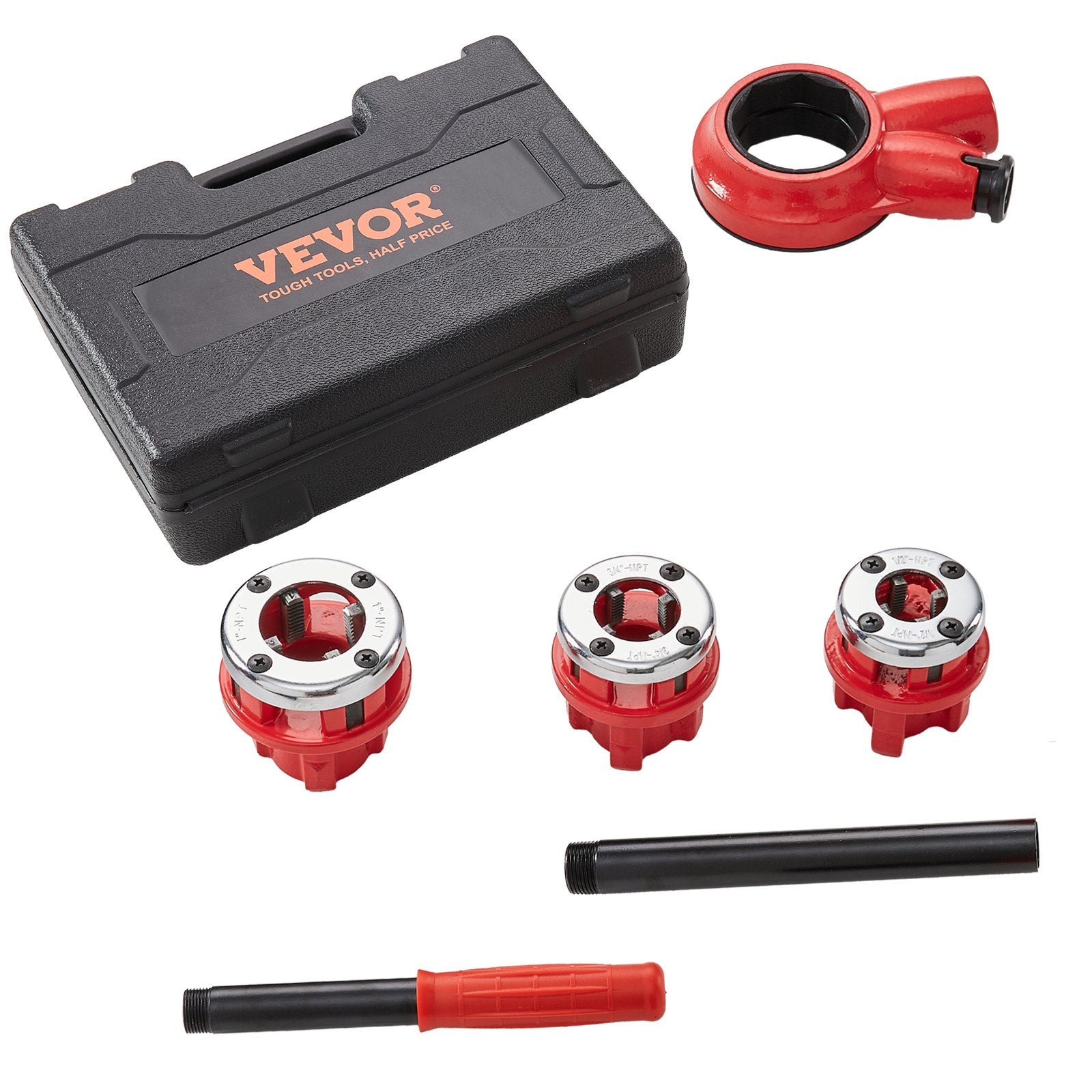Tool Sockets: VEVOR Ratchet Pipe Threader Kit, 1/2" NPT, 3/4" NPT, 1" NPT Manual Ratcheting Pipe Threader, Portable Pipe Threading Tool Set with 3PCS NPT Dies, Storage Case for Galvanized Aluminum Iron Copper Pipes