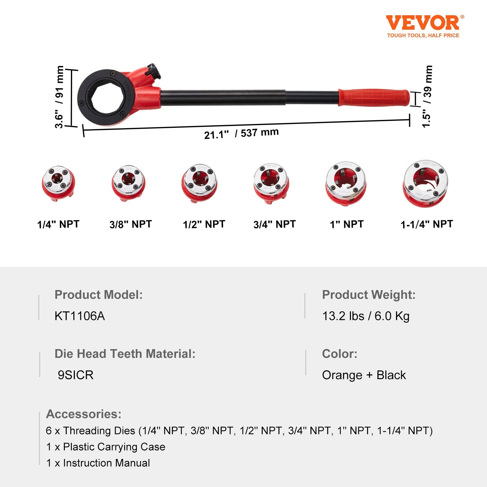 Men's Underwear: VEVOR Ratchet Pipe Threader Kit, 1/4" NPT - 1-1/4" NPT Manual Ratcheting Pipe Threader, Portable Pipe Threading Tool Set with 6PCS NPT Dies, Storage Case for Galvanized Aluminum Iron Copper Pipes