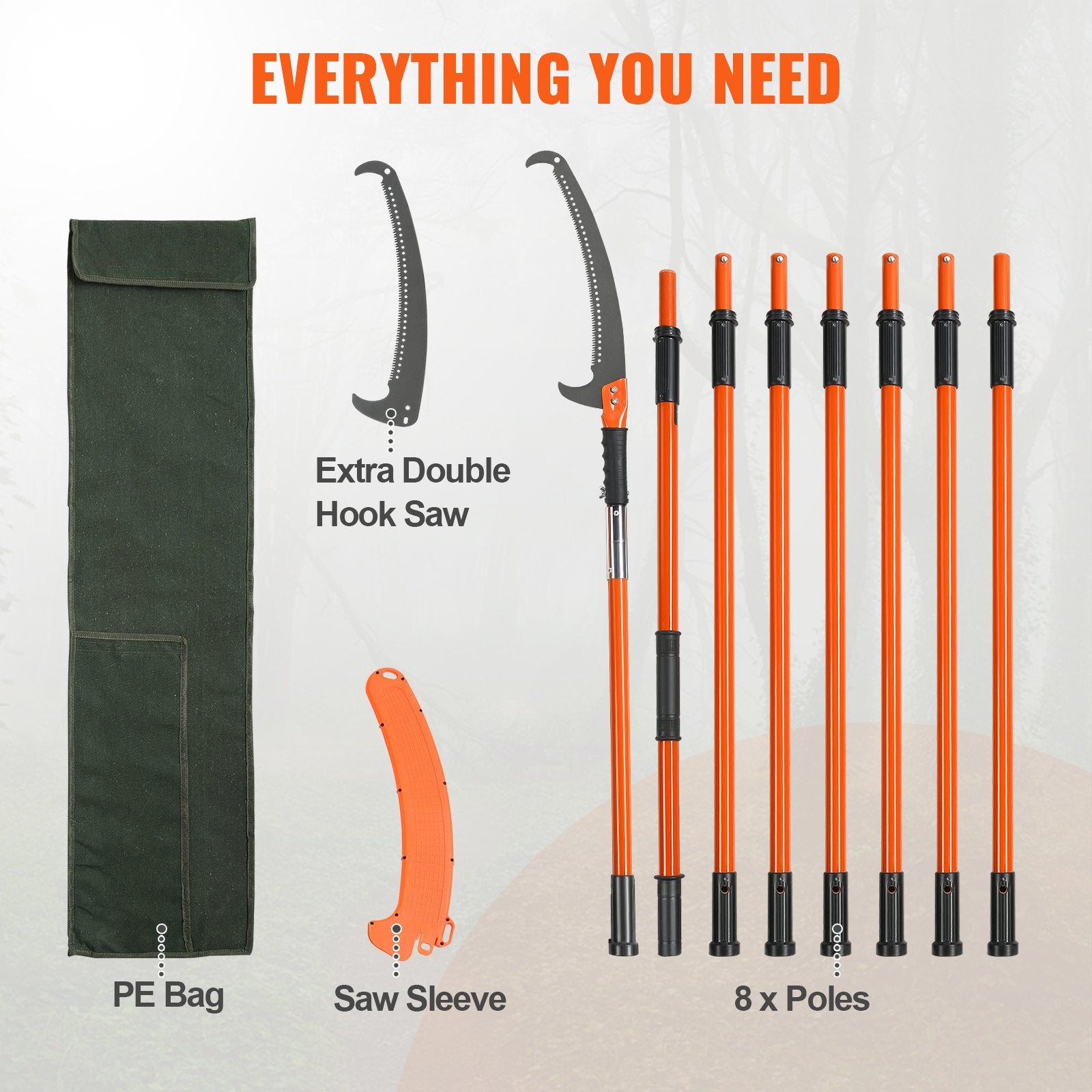 Manual Pole Saw, 2.24 m-8.24 m Extendable Tree Pruner, Sharp Steel Blade High Branches Trimming, Manual Branch Trimmer with Lightweight 8 Fiberglass Handles, for Pruning Palms and Shrubs