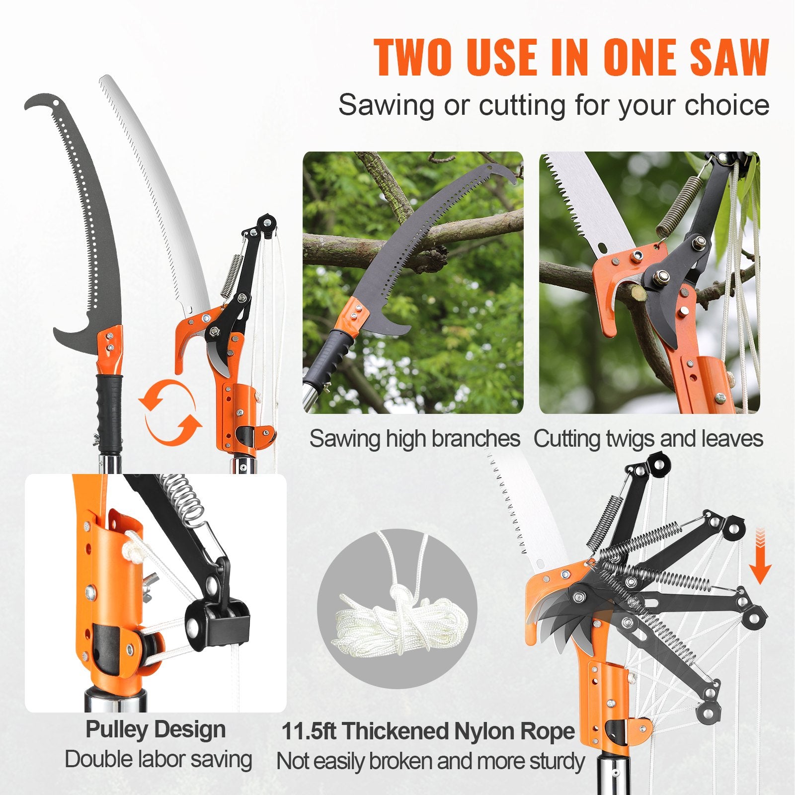 Chainsaws: VEVOR Manual Pole Saw, 2.24 m-8.24 m Extendable Tree Pruner, Sharp Steel Blade and Scissors High Branches Trimming, Branch Trimmer with Lightweight 8 Fiberglass Handles, for Pruning Palms and Shrubs