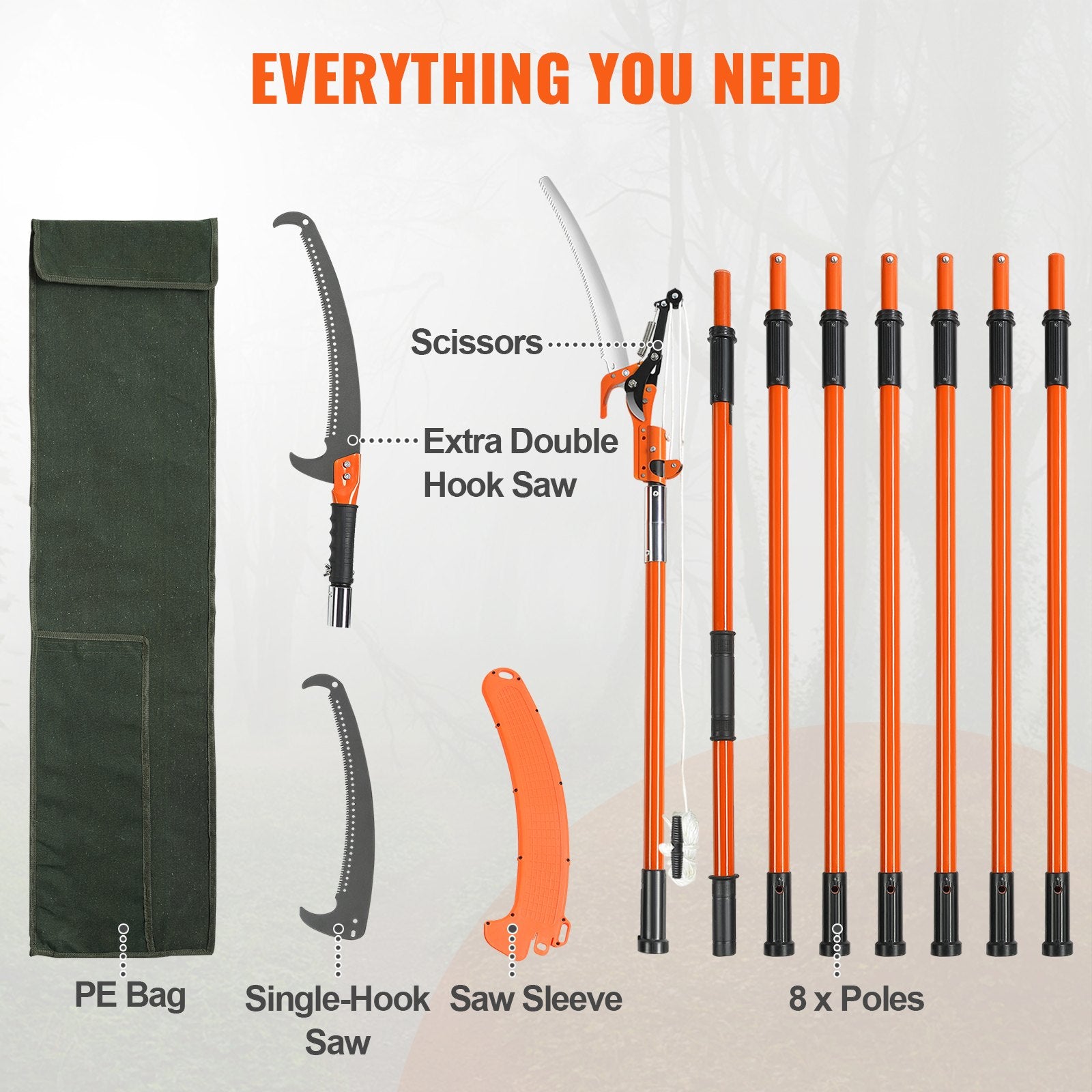 Chainsaws: VEVOR Manual Pole Saw, 2.24 m-8.24 m Extendable Tree Pruner, Sharp Steel Blade and Scissors High Branches Trimming, Branch Trimmer with Lightweight 8 Fiberglass Handles, for Pruning Palms and Shrubs