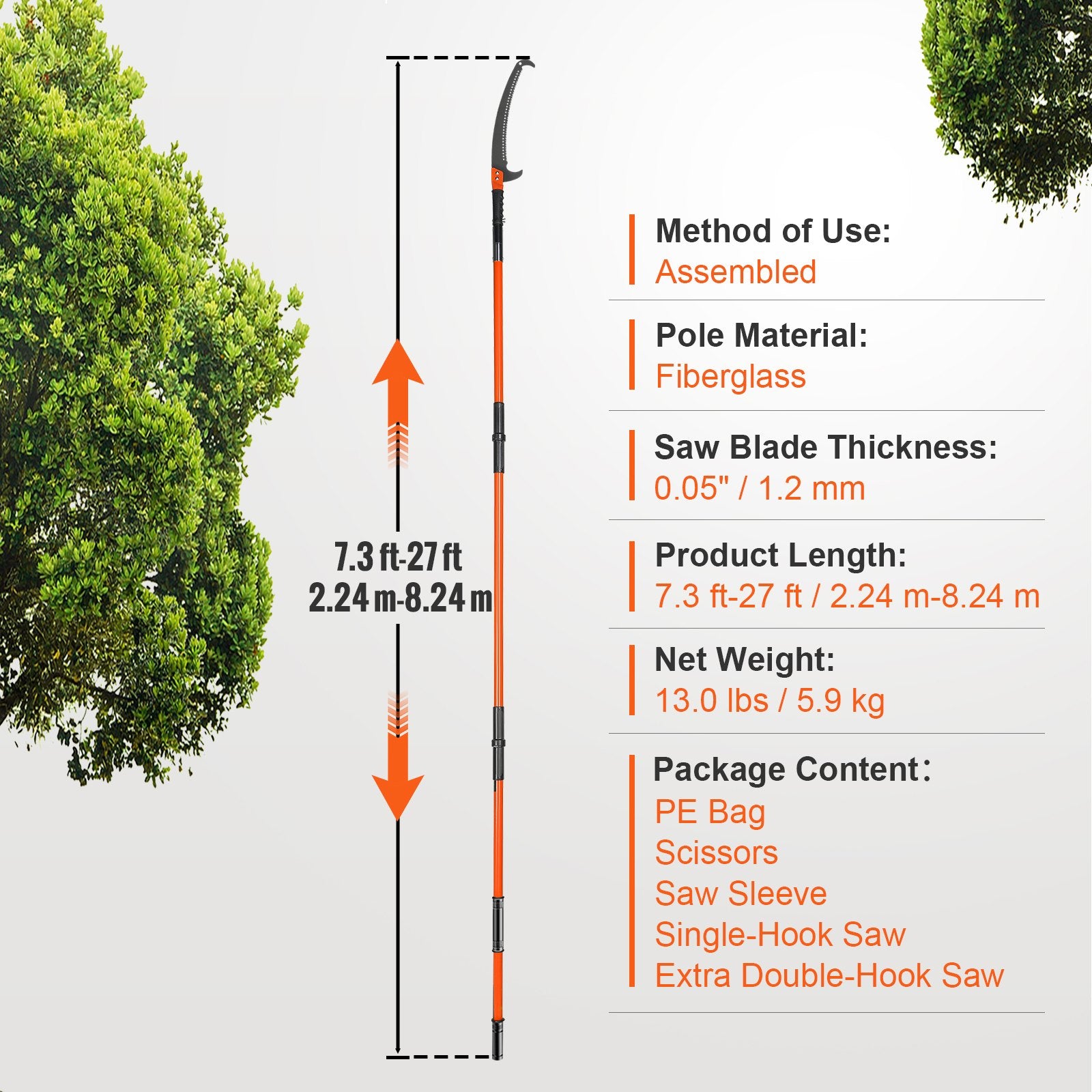 Chainsaws: VEVOR Manual Pole Saw, 2.24 m-8.24 m Extendable Tree Pruner, Sharp Steel Blade and Scissors High Branches Trimming, Branch Trimmer with Lightweight 8 Fiberglass Handles, for Pruning Palms and Shrubs