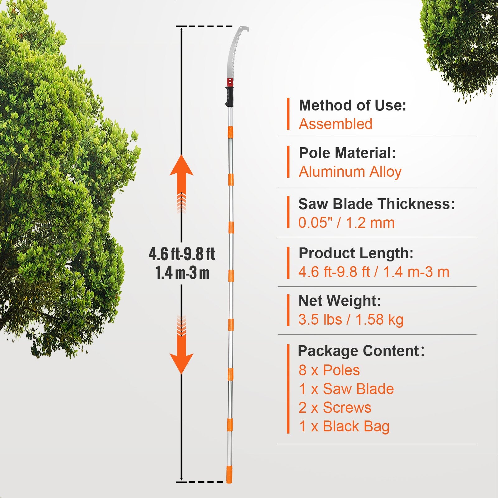 Umbrellas & Sunshades: VEVOR Manual Pole Saw Extendable Tree Pruner 1.4 m-3 m Aluminum Alloy Pole