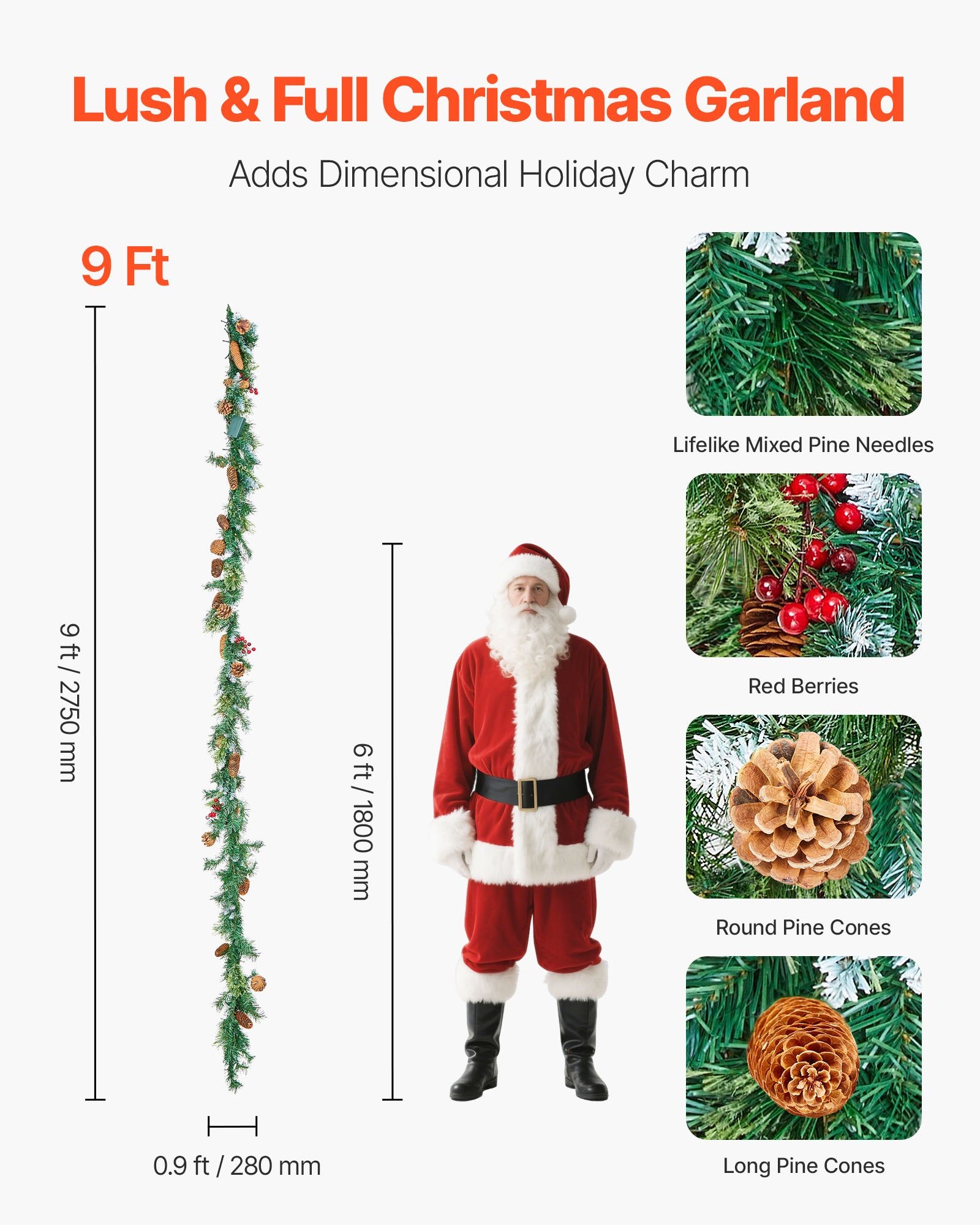 Christmas Wreaths & Garlands: VEVOR Christmas Garland, 2750mm Artificial Christmas Garland with Light String, Faux Greenery Decoration with Berry Clusters, Pine Needles, Pine Cones, Realistic Xmas Collection for Mantel Fireplace