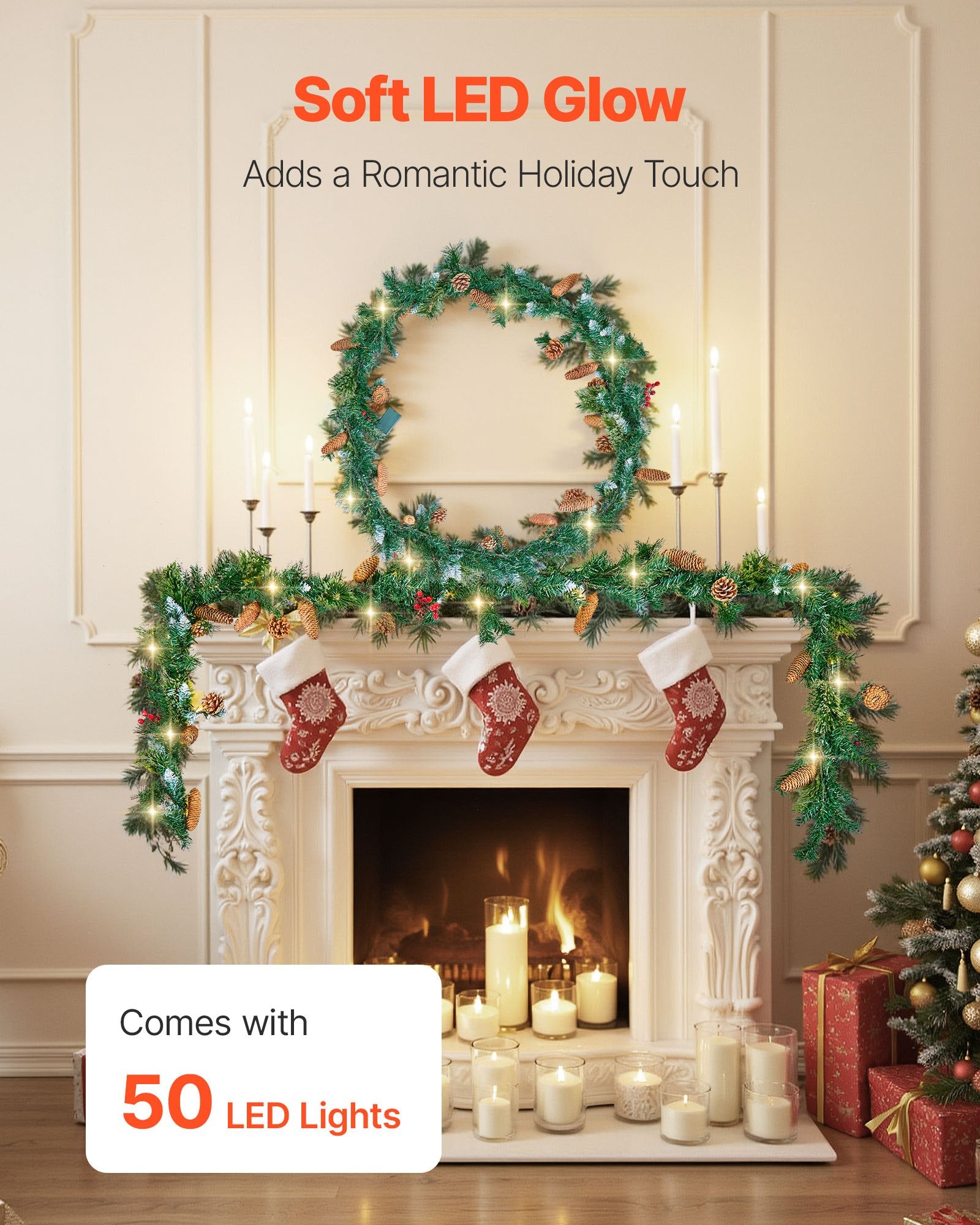 Christmas Wreaths & Garlands: VEVOR Christmas Garland, 2750mm Artificial Christmas Garland with Light String, Faux Greenery Decoration with Berry Clusters, Pine Needles, Pine Cones, Realistic Xmas Collection for Mantel Fireplace