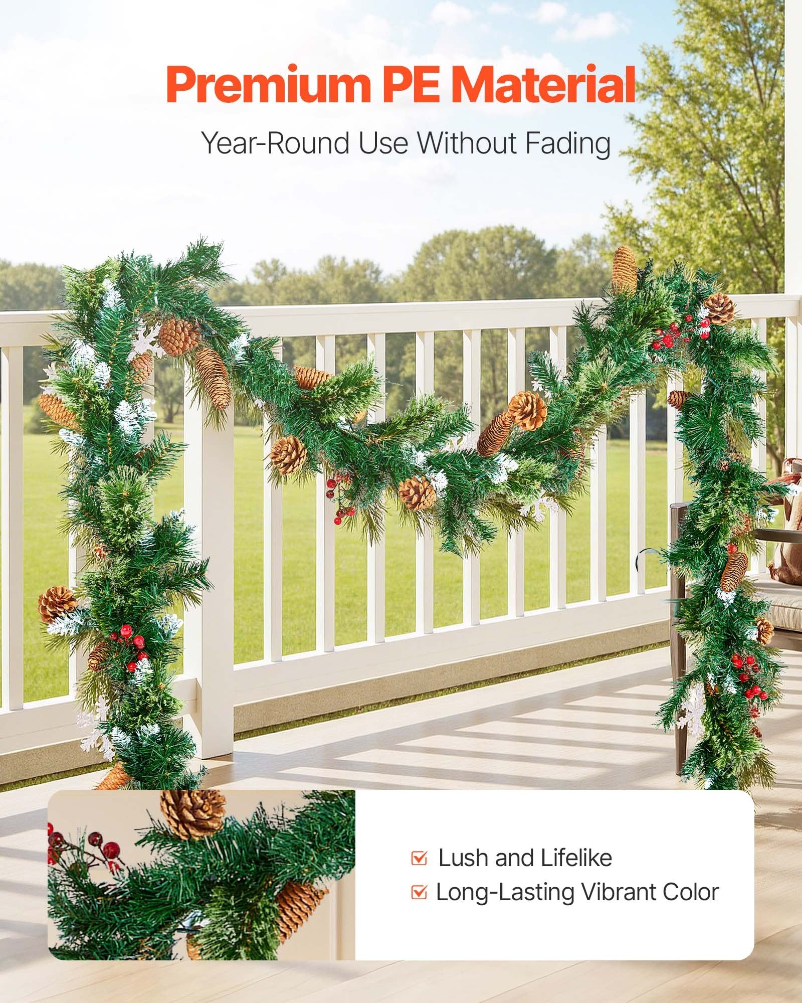 Christmas Wreaths & Garlands: VEVOR Christmas Garland, 2750mm Artificial Christmas Garland with Light String, Faux Greenery Decoration with Berry Clusters, Pine Needles, Pine Cones, Realistic Xmas Collection for Mantel Fireplace
