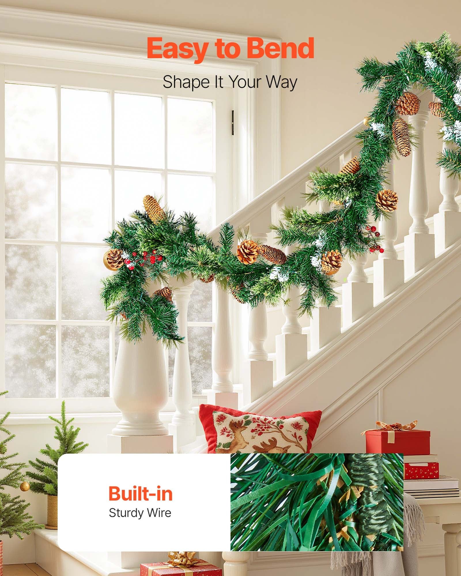 Christmas Wreaths & Garlands: VEVOR Christmas Garland, 2750mm Artificial Christmas Garland with Light String, Faux Greenery Decoration with Berry Clusters, Pine Needles, Pine Cones, Realistic Xmas Collection for Mantel Fireplace