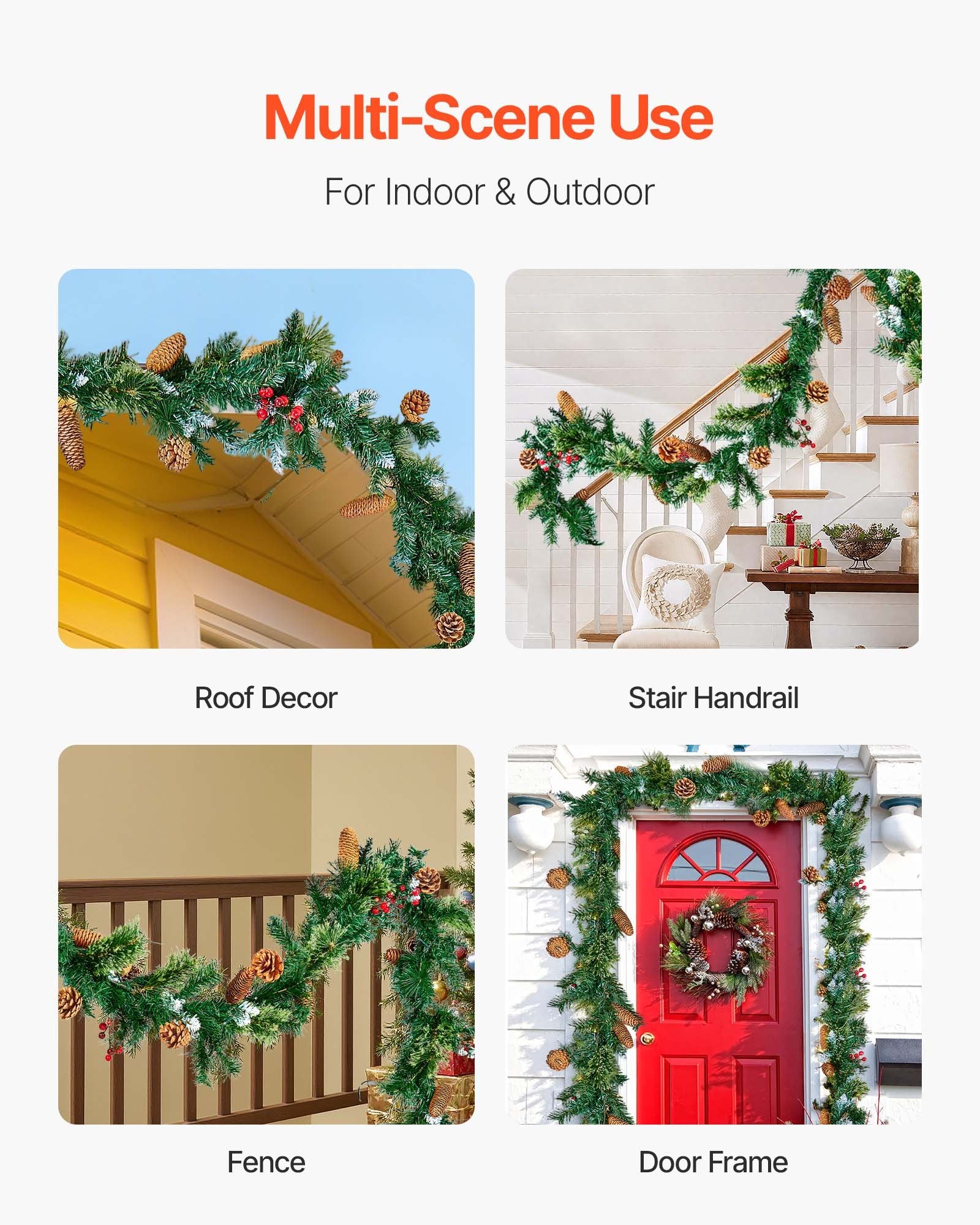 Christmas Wreaths & Garlands: VEVOR Christmas Garland, 2750mm Artificial Christmas Garland with Light String, Faux Greenery Decoration with Berry Clusters, Pine Needles, Pine Cones, Realistic Xmas Collection for Mantel Fireplace