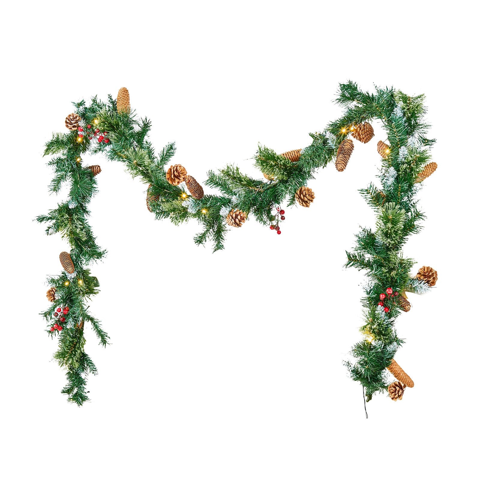 Christmas Wreaths & Garlands: VEVOR Christmas Garland, 2750mm Artificial Christmas Garland with Light String, Faux Greenery Decoration with Berry Clusters, Pine Needles, Pine Cones, Realistic Xmas Collection for Mantel Fireplace