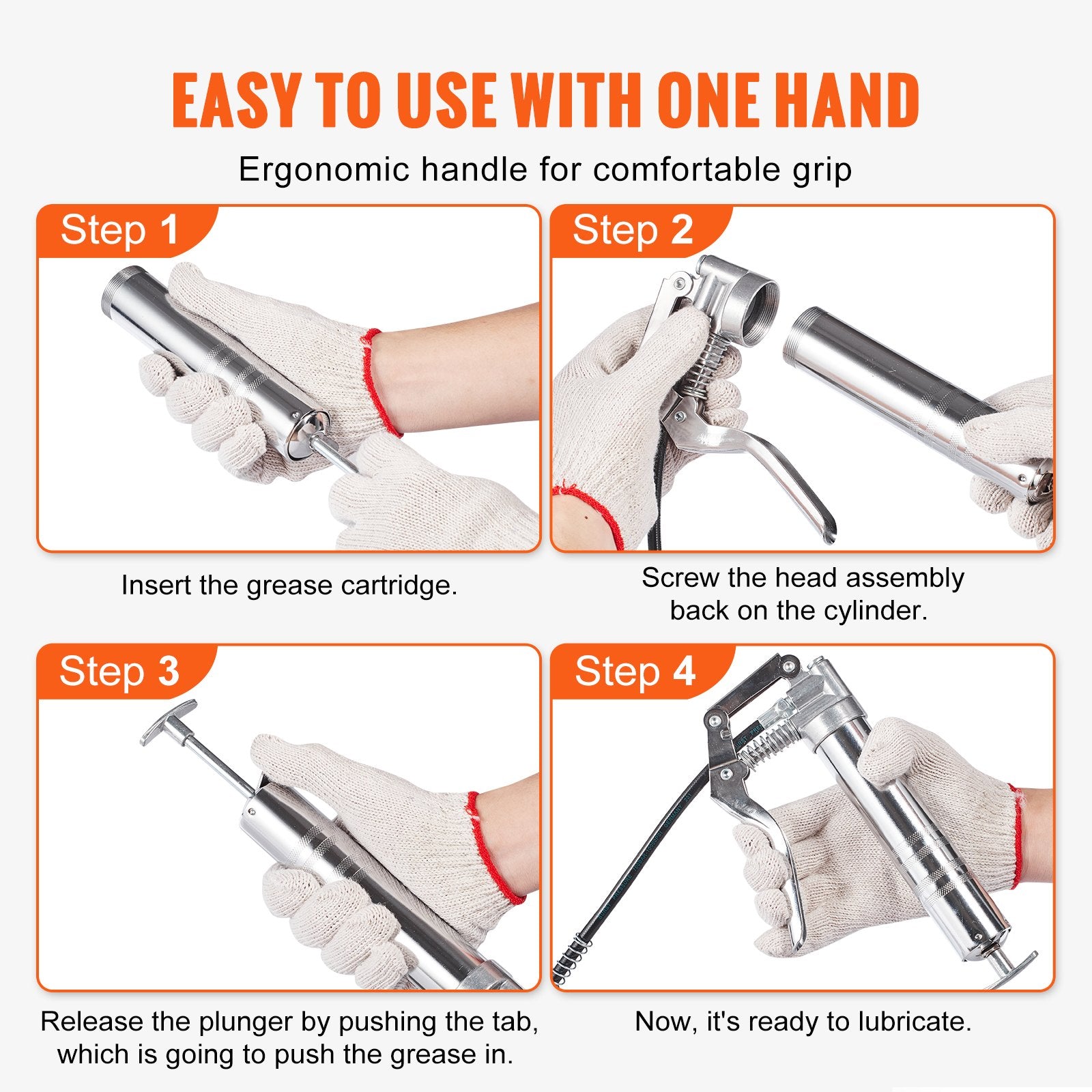 Cleaning & Care: VEVOR Pistol Grip Grease Gun, 3500 PSI, 4 OZ / 120 CC Capacity Heavy Duty Professional Grease Gun, with 11.65 Inch Flexible Hose 2 Black Flat Couplers, 1 Reinforced Nozzle, and 2 Rigid Metal Pipes