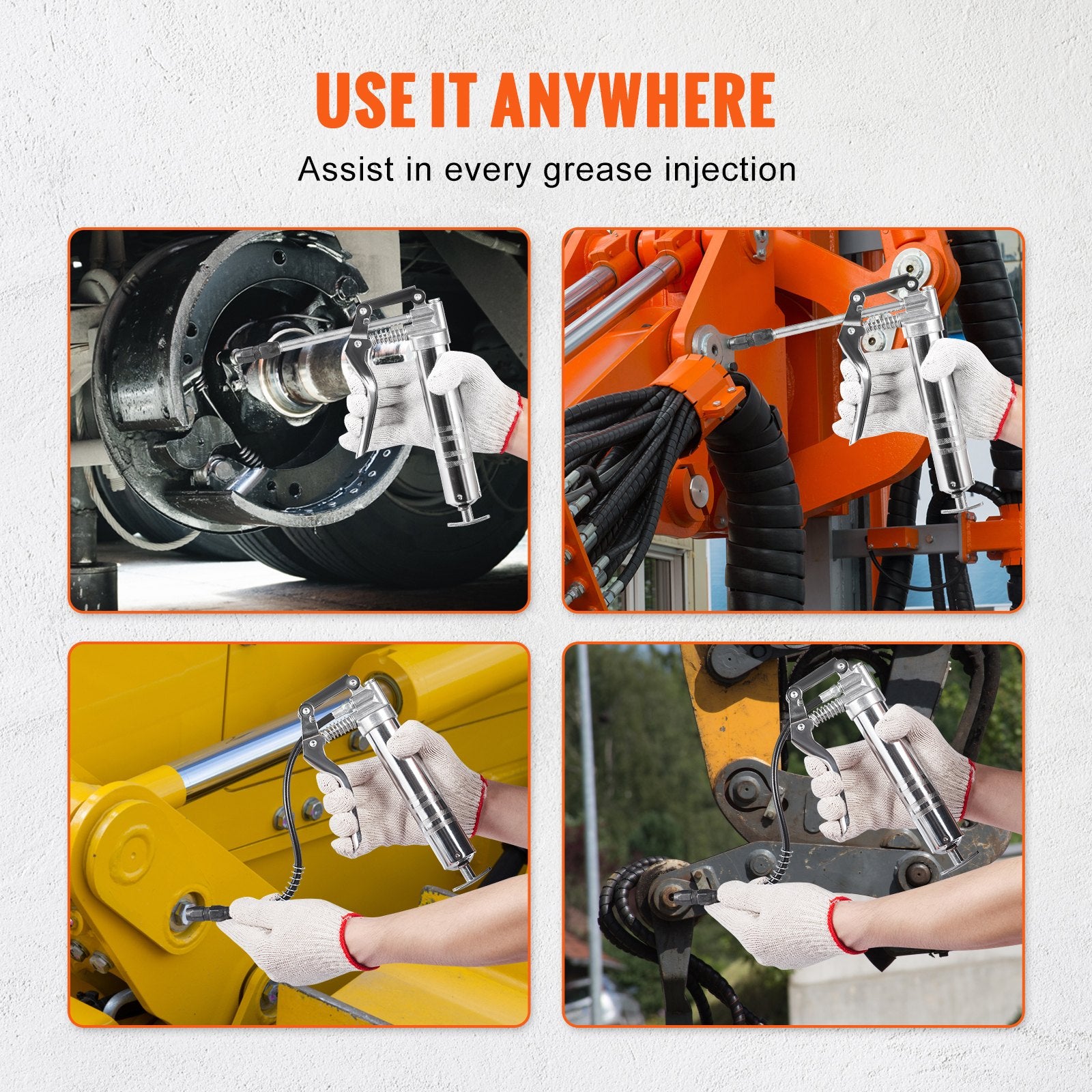 Cleaning & Care: VEVOR Pistol Grip Grease Gun, 3500 PSI, 4 OZ / 120 CC Capacity Heavy Duty Professional Grease Gun, with 11.65 Inch Flexible Hose 2 Black Flat Couplers, 1 Reinforced Nozzle, and 2 Rigid Metal Pipes