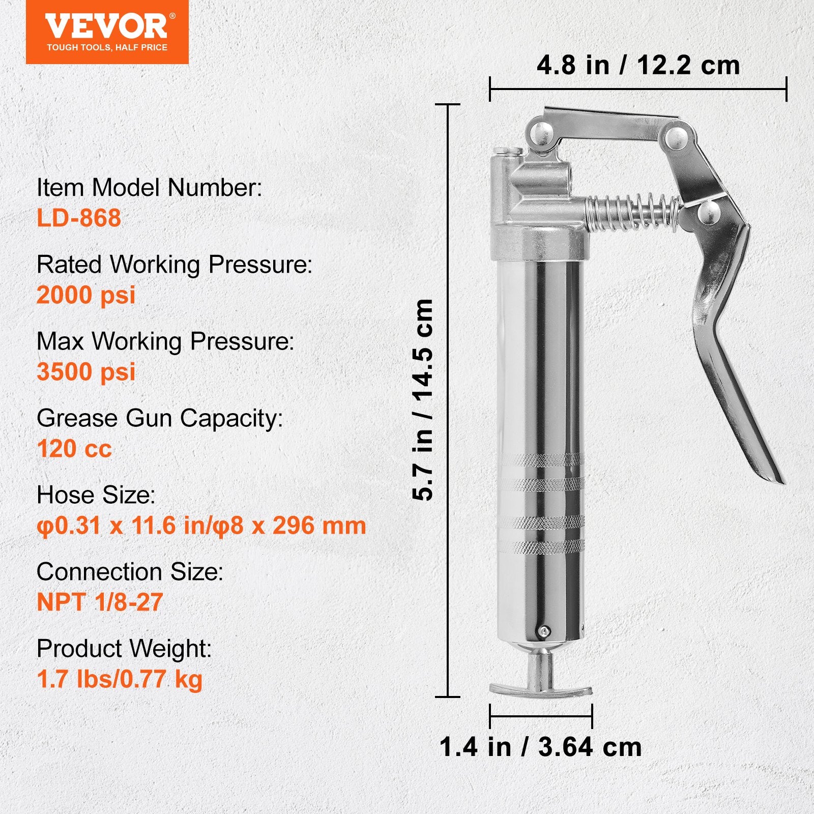 Cleaning & Care: VEVOR Pistol Grip Grease Gun, 3500 PSI, 4 OZ / 120 CC Capacity Heavy Duty Professional Grease Gun, with 11.65 Inch Flexible Hose 2 Black Flat Couplers, 1 Reinforced Nozzle, and 2 Rigid Metal Pipes