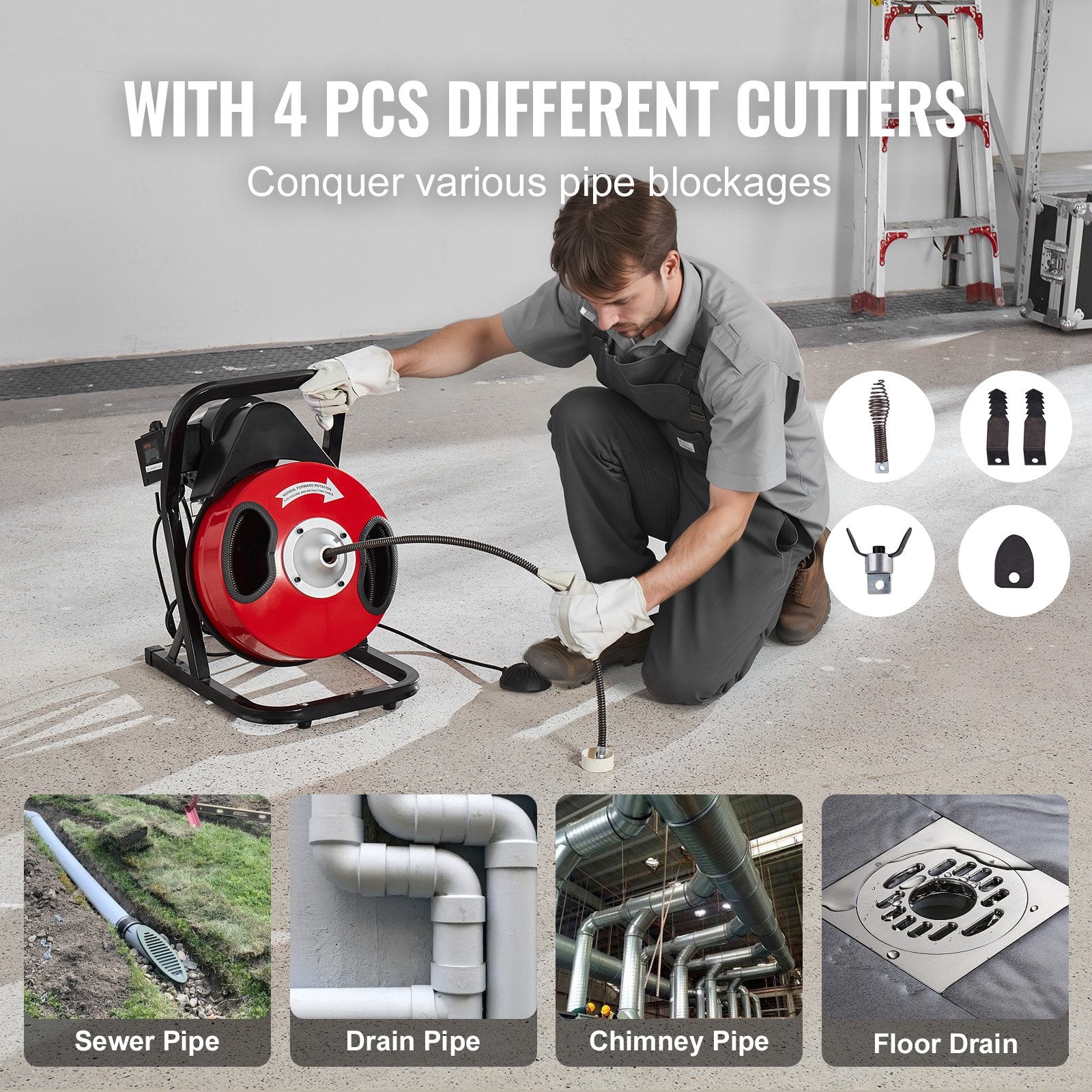 Gardening Tools: VEVOR Drain Cleaner Machine 50FT x 1/2Inch Manual Feed Snake Auger with 4 Cutter