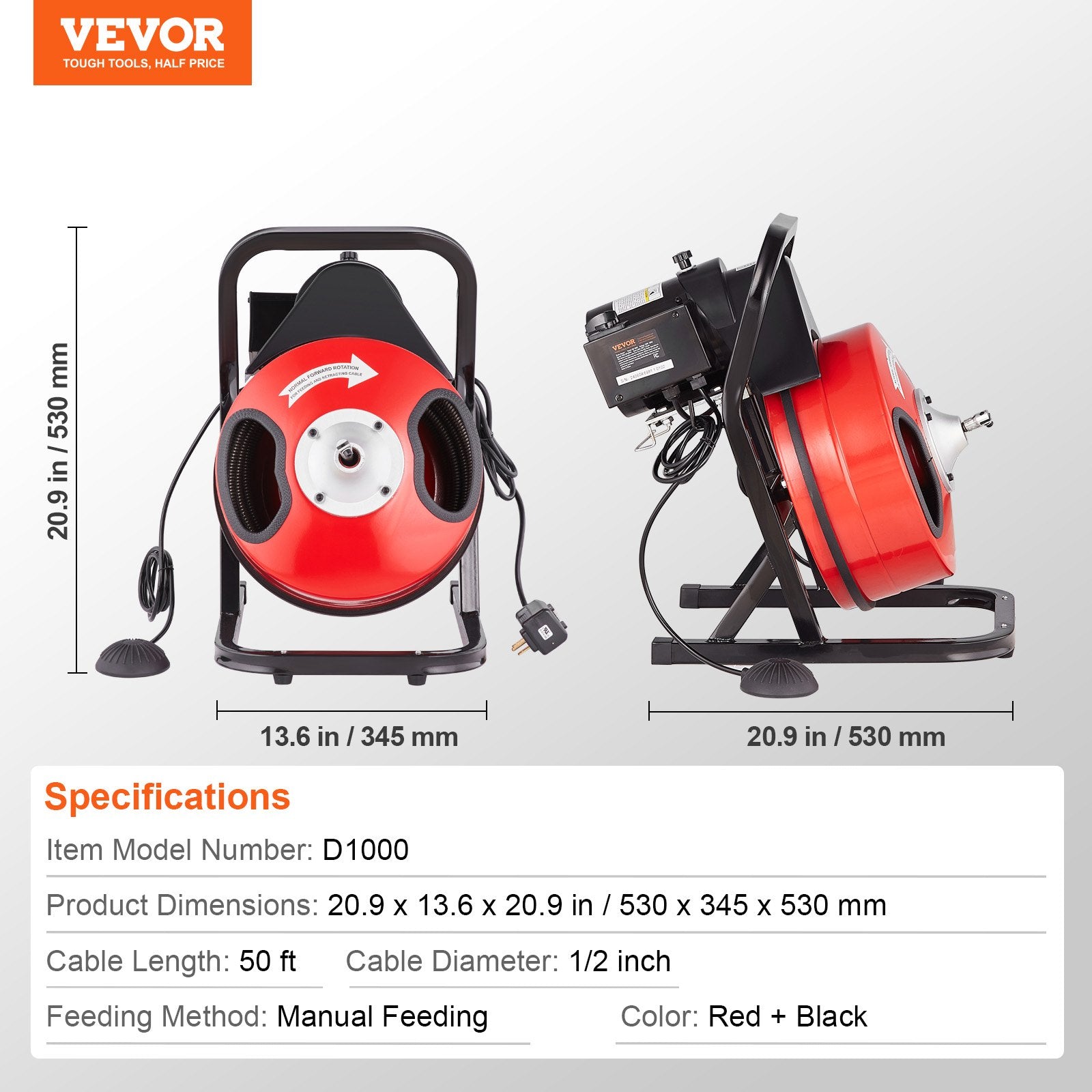Gardening Tools: VEVOR Drain Cleaner Machine 50FT x 1/2Inch Manual Feed Snake Auger with 4 Cutter