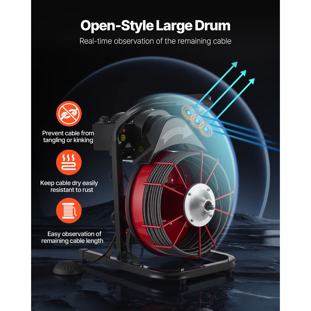 Drain Cleaner Machine 23m x 13mm, Sewer Snake Auger Manual Feed with 4 Cutters & Air-activated Foot Switch for 50mm to 150mm Pipes