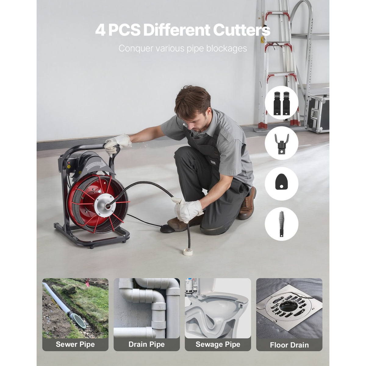 Drain Cleaner Machine 23m x 13mm, Sewer Snake Auger Manual Feed with 4 Cutters & Air-activated Foot Switch for 50mm to 150mm Pipes
