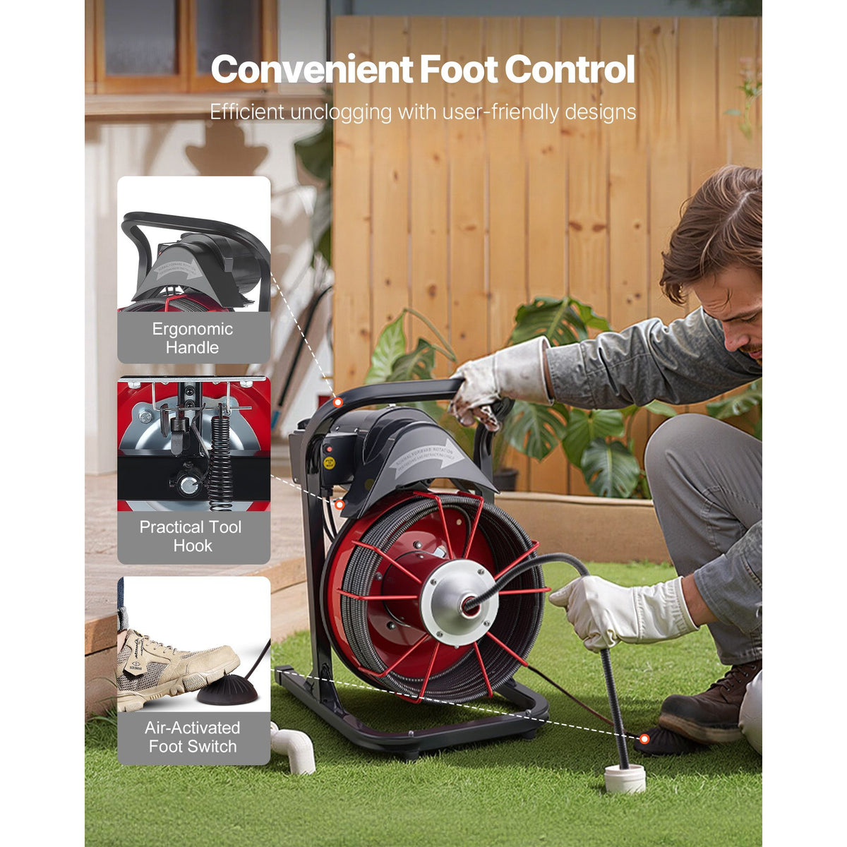 Drain Cleaner Machine 23m x 13mm, Sewer Snake Auger Manual Feed with 4 Cutters & Air-activated Foot Switch for 50mm to 150mm Pipes