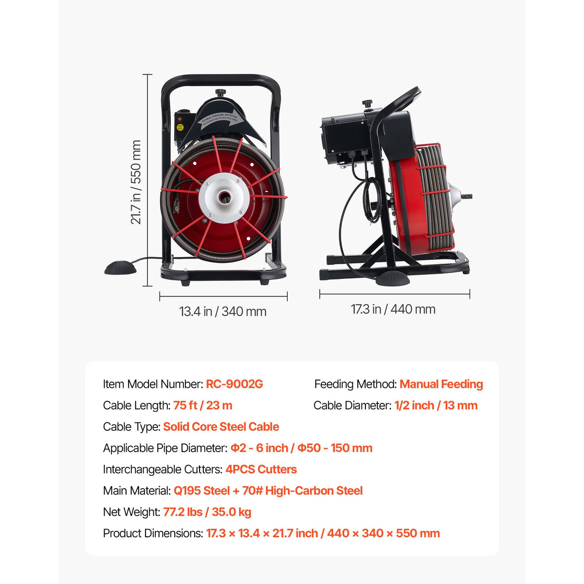 Drain Cleaner Machine 23m x 13mm, Sewer Snake Auger Manual Feed with 4 Cutters & Air-activated Foot Switch for 50mm to 150mm Pipes