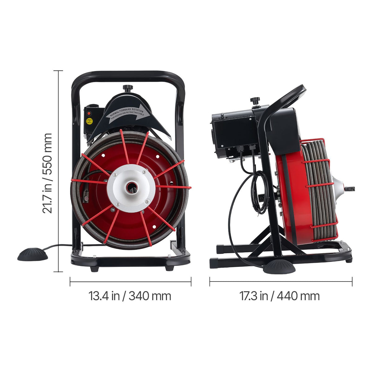 Drain Cleaner Machine 23m x 13mm, Sewer Snake Auger Manual Feed with 4 Cutters & Air-activated Foot Switch for 50mm to 150mm Pipes