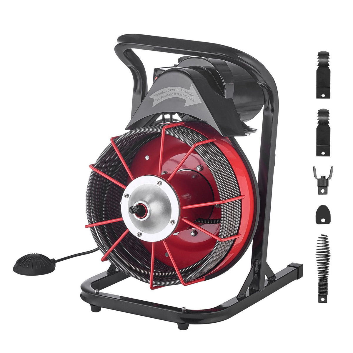 Drain Cleaner Machine 23m x 13mm, Sewer Snake Auger Manual Feed with 4 Cutters & Air-activated Foot Switch for 50mm to 150mm Pipes