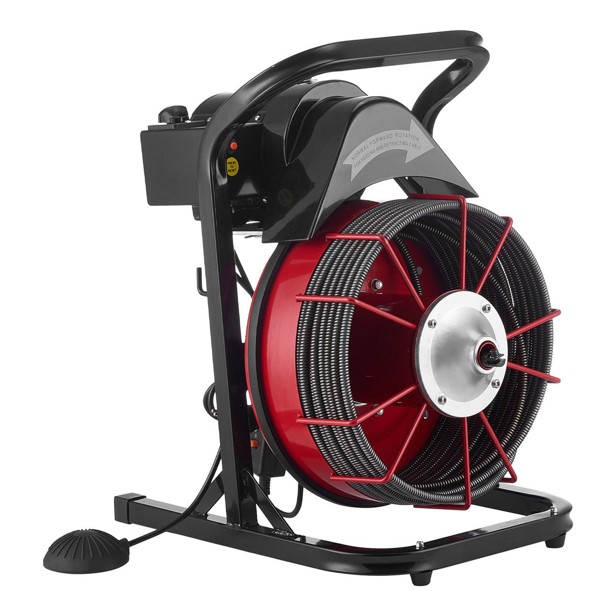 Drain Cleaner Machine 23m x 13mm, Sewer Snake Auger Manual Feed with 4 Cutters & Air-activated Foot Switch for 50mm to 150mm Pipes