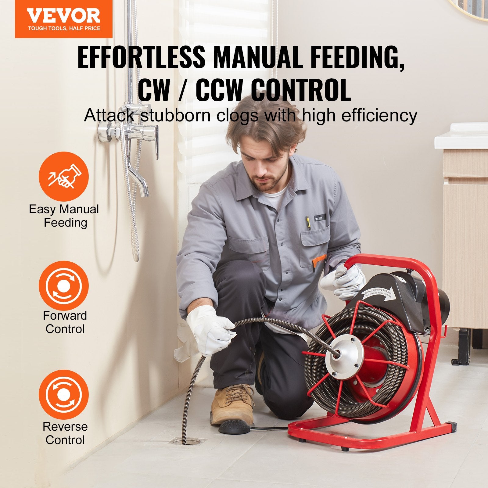 Automotive Repair & Speciality Tools: VEVOR Drain Cleaner Machine Drain Auger 75FT x 1/2 Inch Manual Feed & 4 Cutters