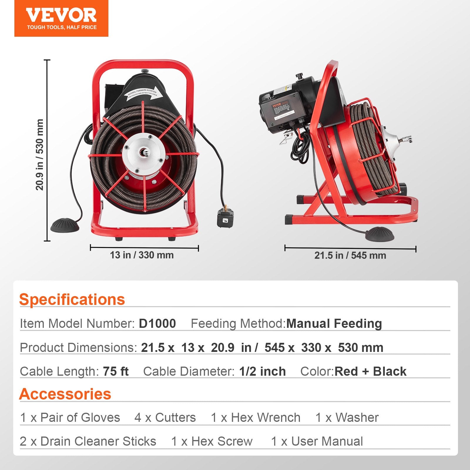 Automotive Repair & Speciality Tools: VEVOR Drain Cleaner Machine Drain Auger 75FT x 1/2 Inch Manual Feed & 4 Cutters