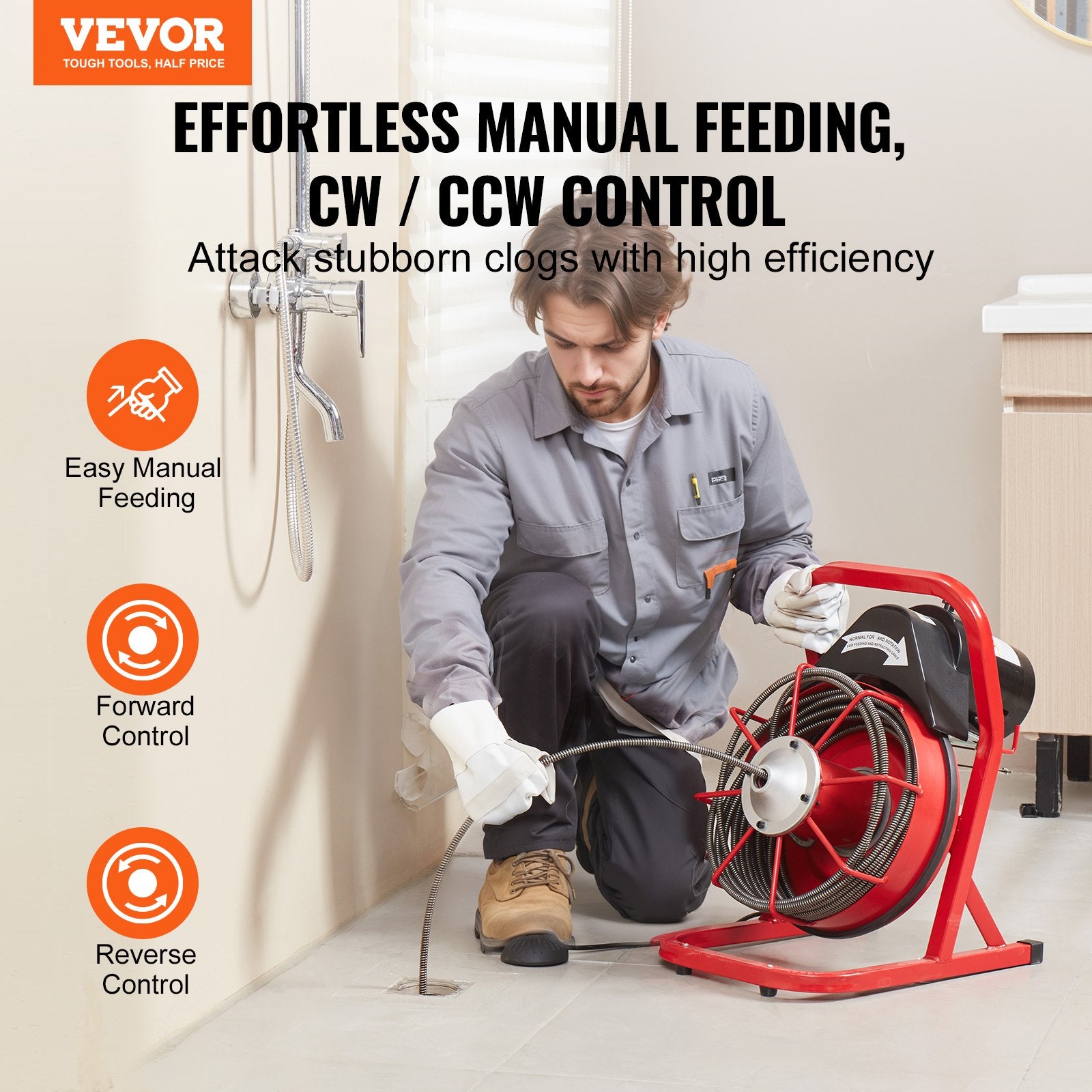 Automotive Repair & Speciality Tools: VEVOR Drain Cleaner Machine Drain Auger 50FT x 3/8 Inch Manual Feed & 4 Cutters