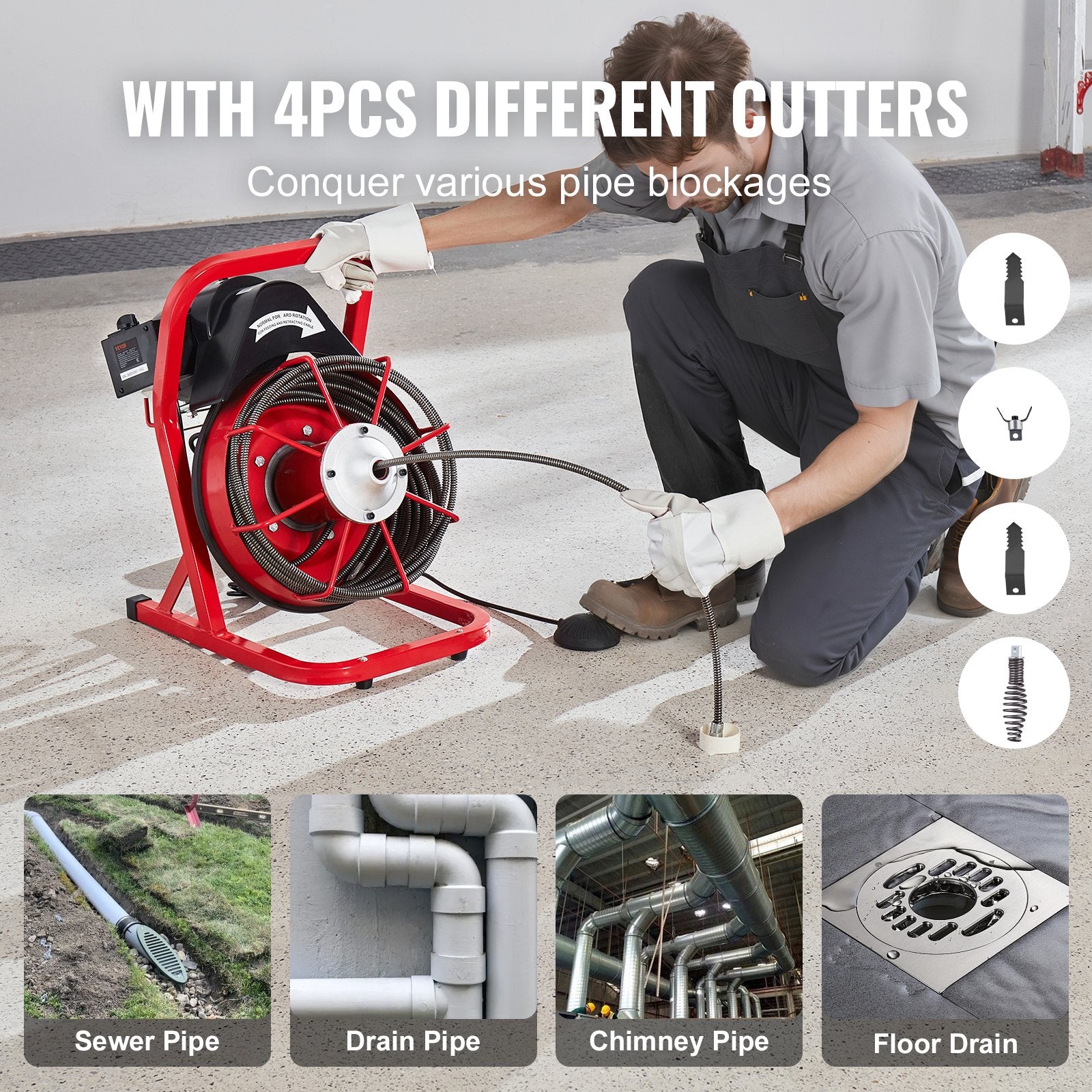 Automotive Repair & Speciality Tools: VEVOR Drain Cleaner Machine Drain Auger 50FT x 3/8 Inch Manual Feed & 4 Cutters