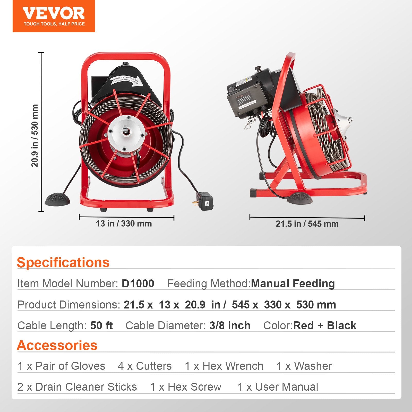 Automotive Repair & Speciality Tools: VEVOR Drain Cleaner Machine Drain Auger 50FT x 3/8 Inch Manual Feed & 4 Cutters