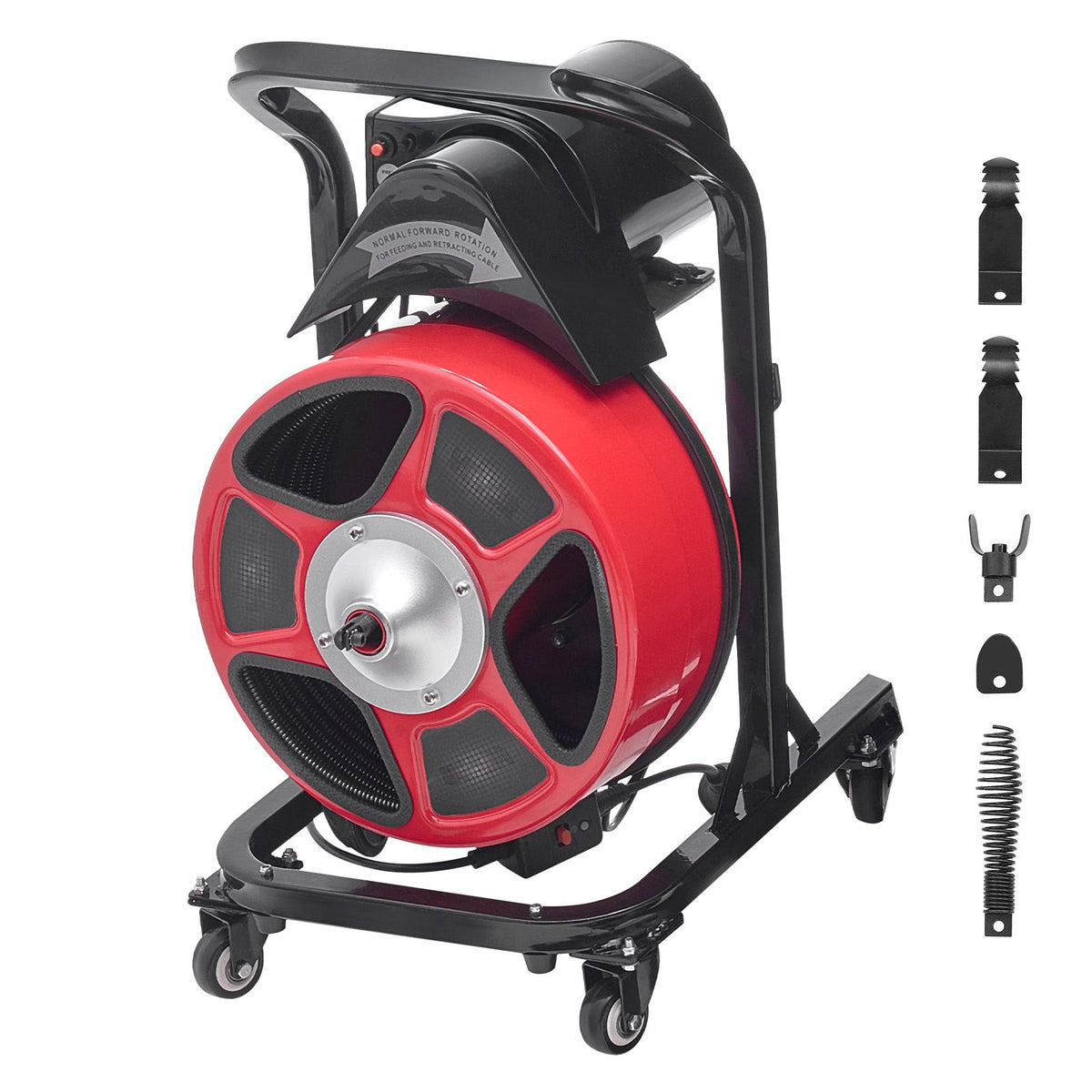 Drain Cleaner Machine 15m x 13mm, Manual Feed Sewer Snake Auger on Wheels - with 4 Cutters & Air-activated Foot Switch for 50mm to 150mm Pipes