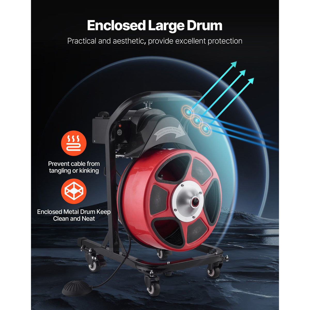 Drain Cleaner Machine 15m x 13mm, Manual Feed Sewer Snake Auger on Wheels - with 4 Cutters & Air-activated Foot Switch for 50mm to 150mm Pipes