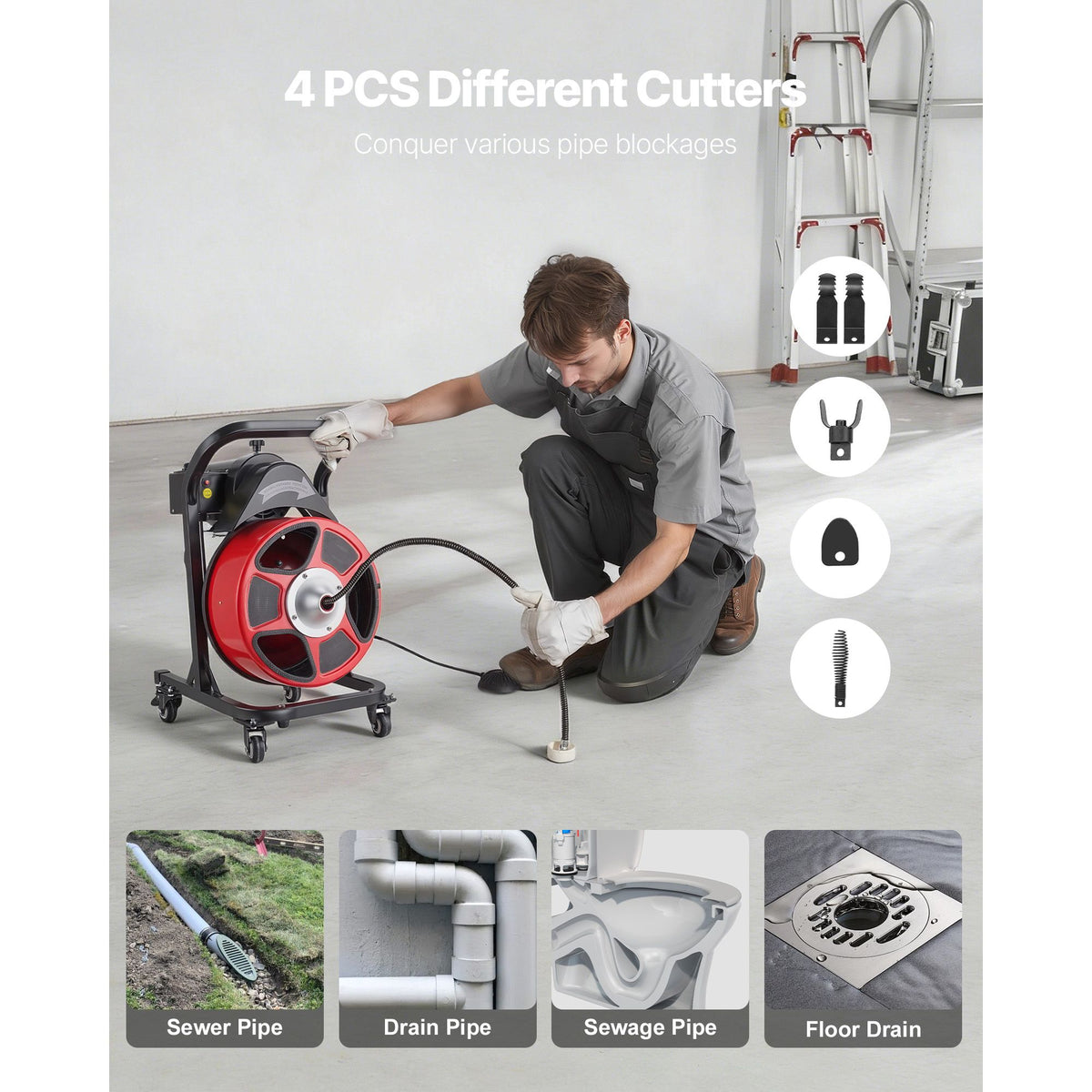 Drain Cleaner Machine 15m x 13mm, Manual Feed Sewer Snake Auger on Wheels - with 4 Cutters & Air-activated Foot Switch for 50mm to 150mm Pipes
