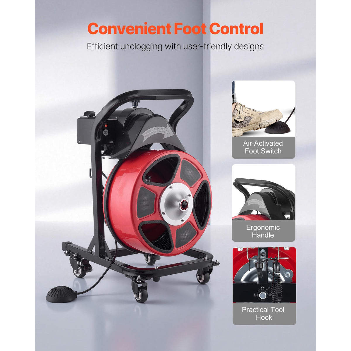 Drain Cleaner Machine 15m x 13mm, Manual Feed Sewer Snake Auger on Wheels - with 4 Cutters & Air-activated Foot Switch for 50mm to 150mm Pipes