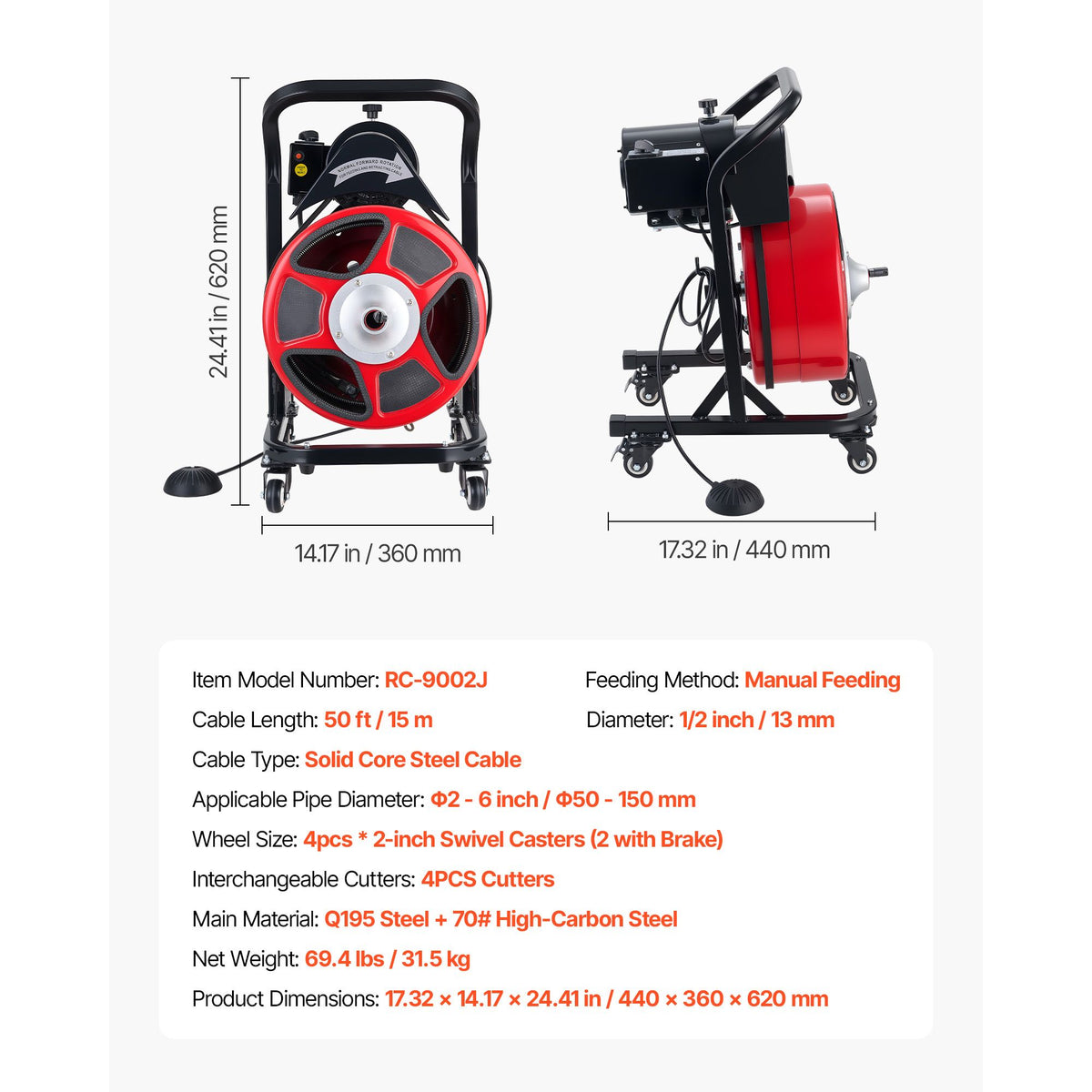Drain Cleaner Machine 15m x 13mm, Manual Feed Sewer Snake Auger on Wheels - with 4 Cutters & Air-activated Foot Switch for 50mm to 150mm Pipes