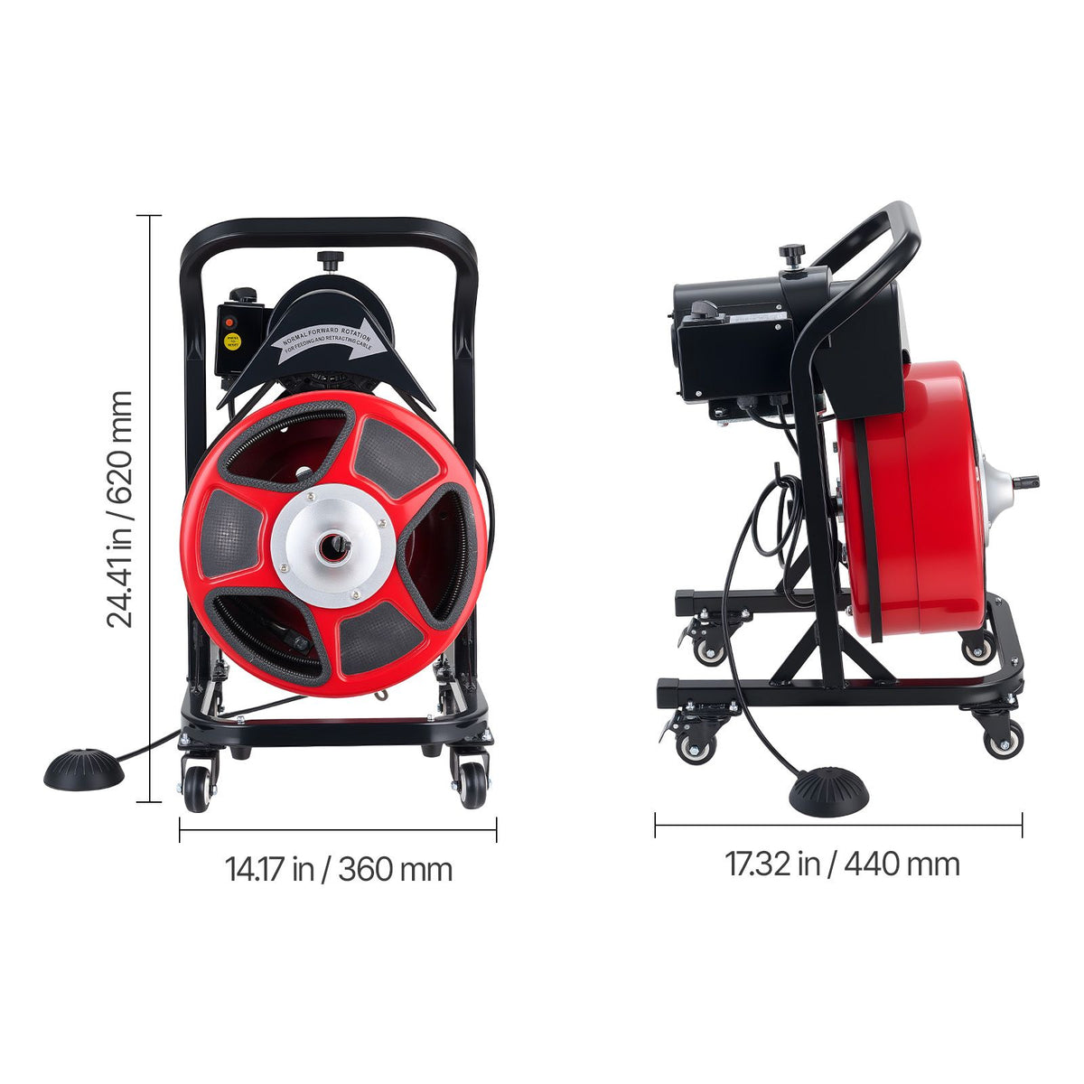 Drain Cleaner Machine 15m x 13mm, Manual Feed Sewer Snake Auger on Wheels - with 4 Cutters & Air-activated Foot Switch for 50mm to 150mm Pipes