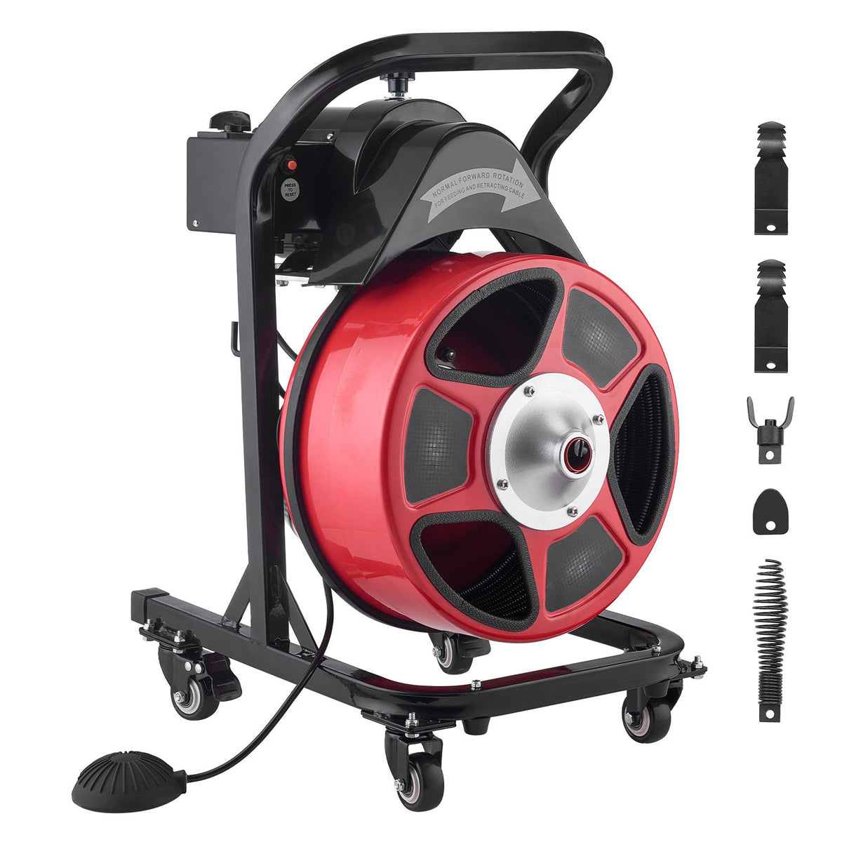 Drain Cleaner Machine 15m x 13mm, Manual Feed Sewer Snake Auger on Wheels - with 4 Cutters & Air-activated Foot Switch for 50mm to 150mm Pipes