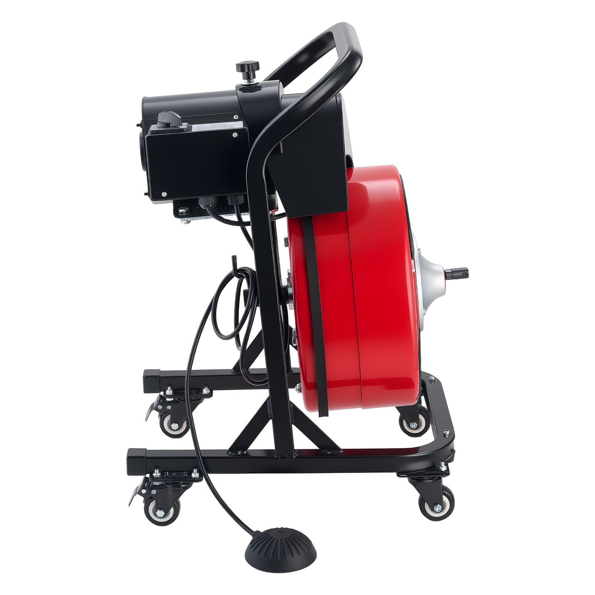 Drain Cleaner Machine 15m x 13mm, Manual Feed Sewer Snake Auger on Wheels - with 4 Cutters & Air-activated Foot Switch for 50mm to 150mm Pipes