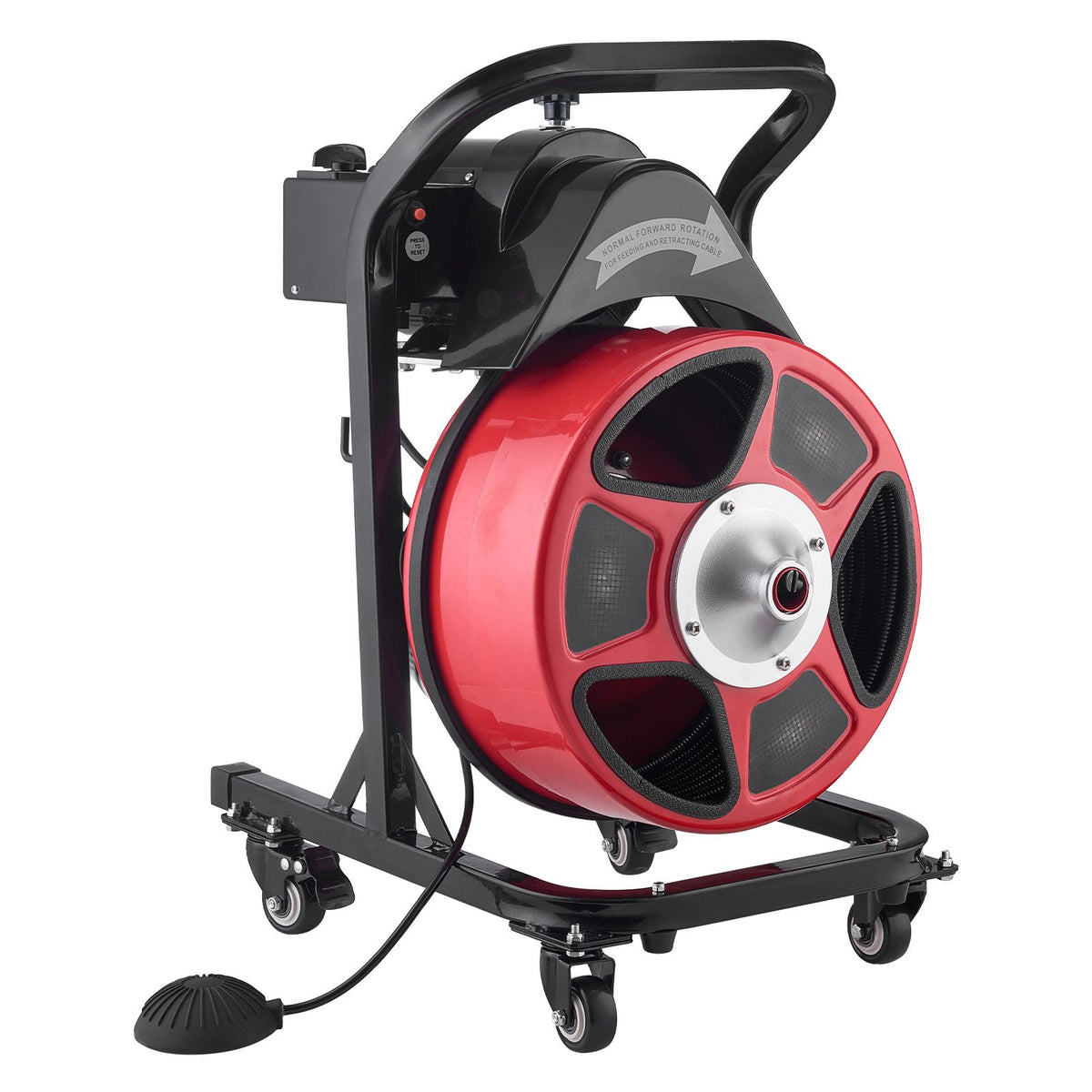 Drain Cleaner Machine 15m x 13mm, Manual Feed Sewer Snake Auger on Wheels - with 4 Cutters & Air-activated Foot Switch for 50mm to 150mm Pipes