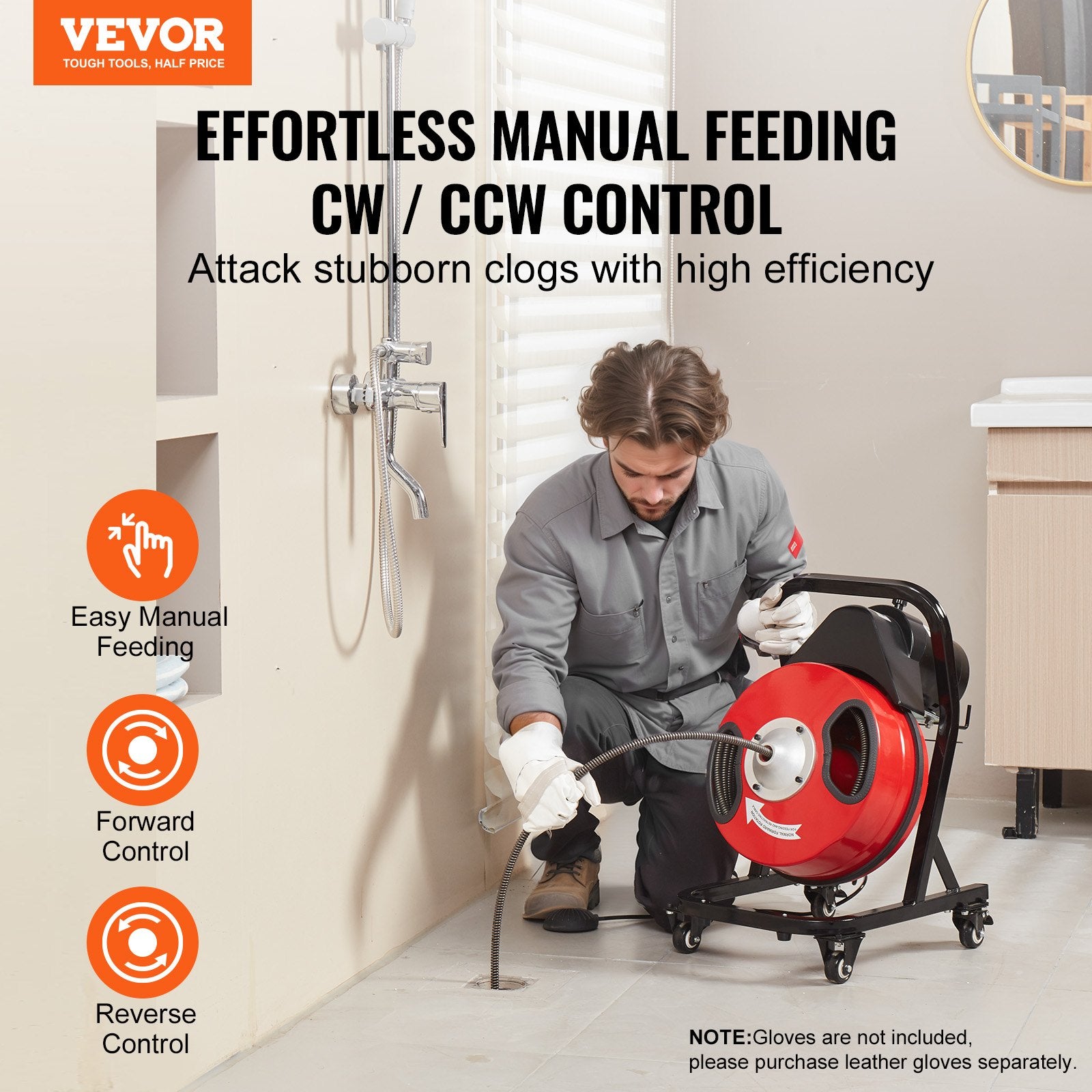 Gardening Tools: VEVOR Drain Cleaner Machine 50FT x 1/2 Inch Manual Feed Snake Auger with Wheels