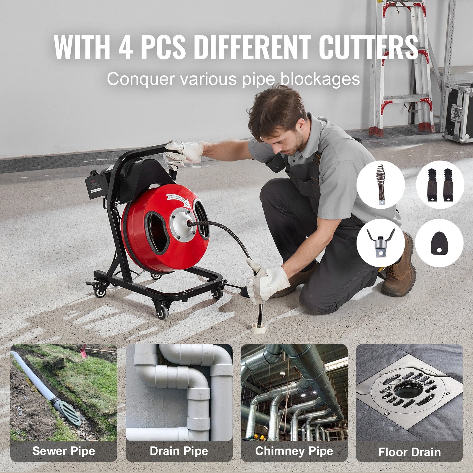 Gardening Tools: VEVOR Drain Cleaner Machine 50FT x 1/2 Inch Manual Feed Snake Auger with Wheels