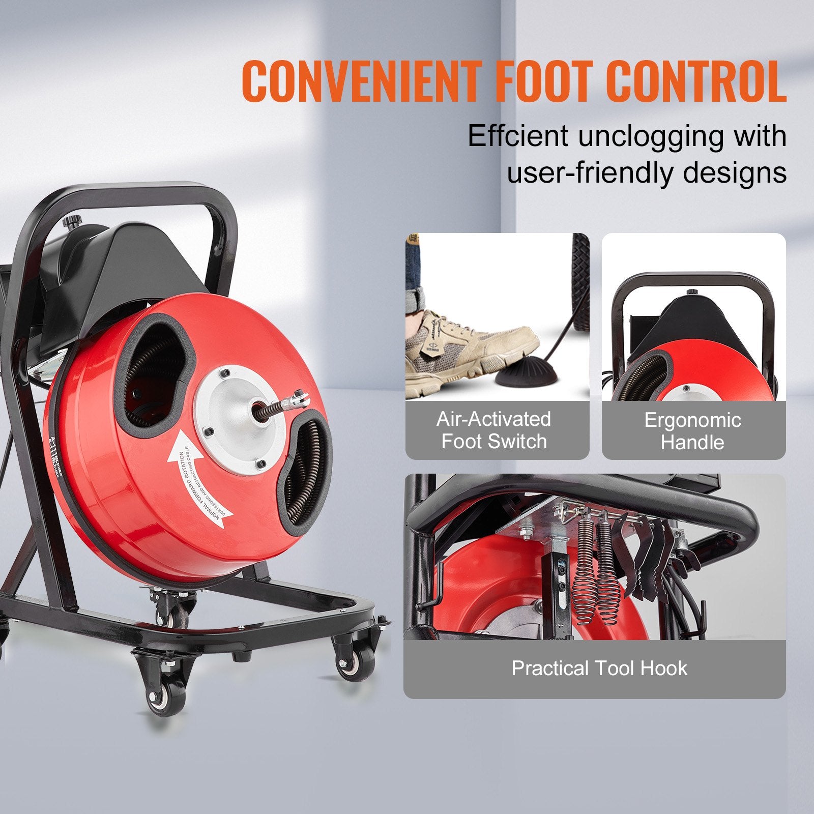 Gardening Tools: VEVOR Drain Cleaner Machine 50FT x 1/2 Inch Manual Feed Snake Auger with Wheels