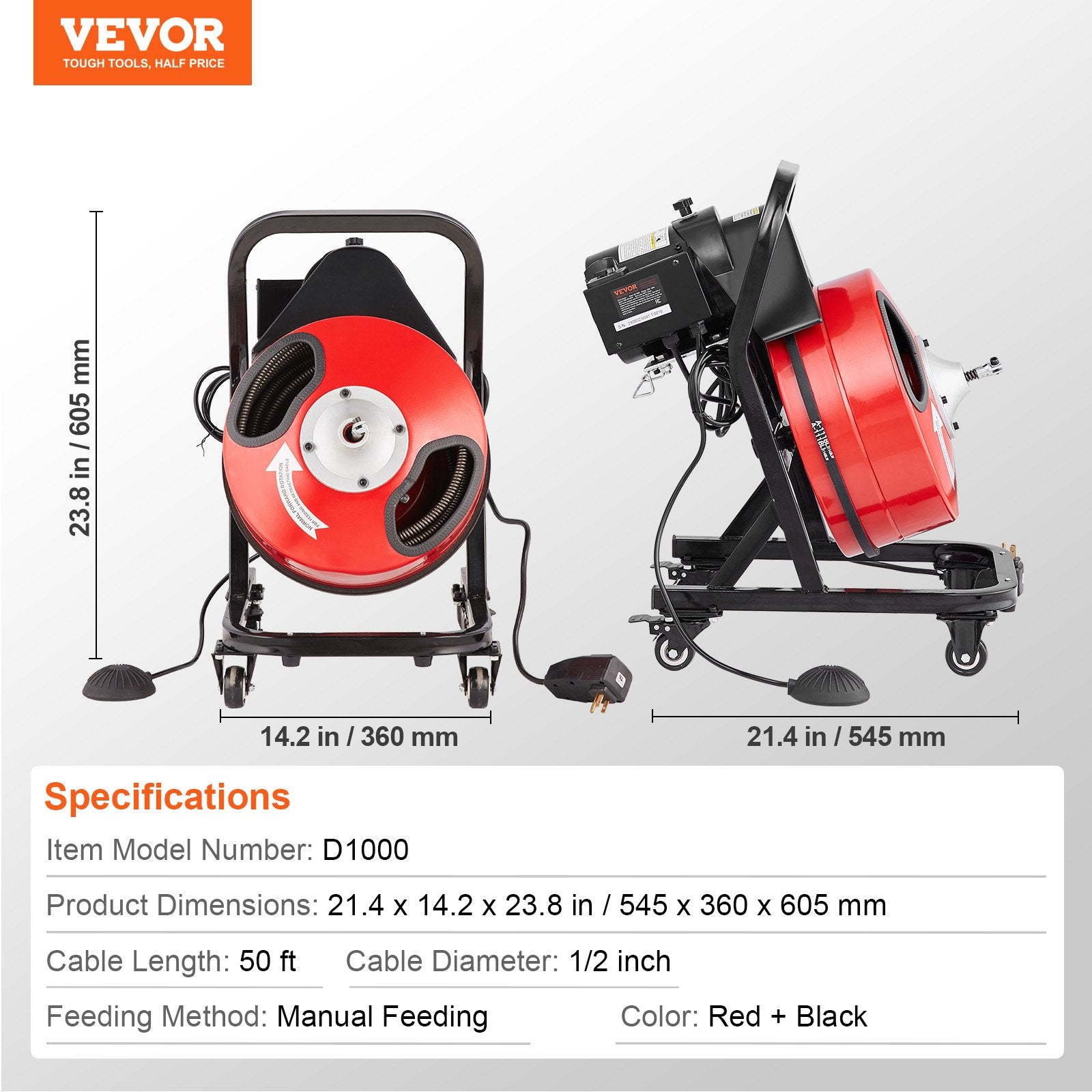 Gardening Tools: VEVOR Drain Cleaner Machine 50FT x 1/2 Inch Manual Feed Snake Auger with Wheels