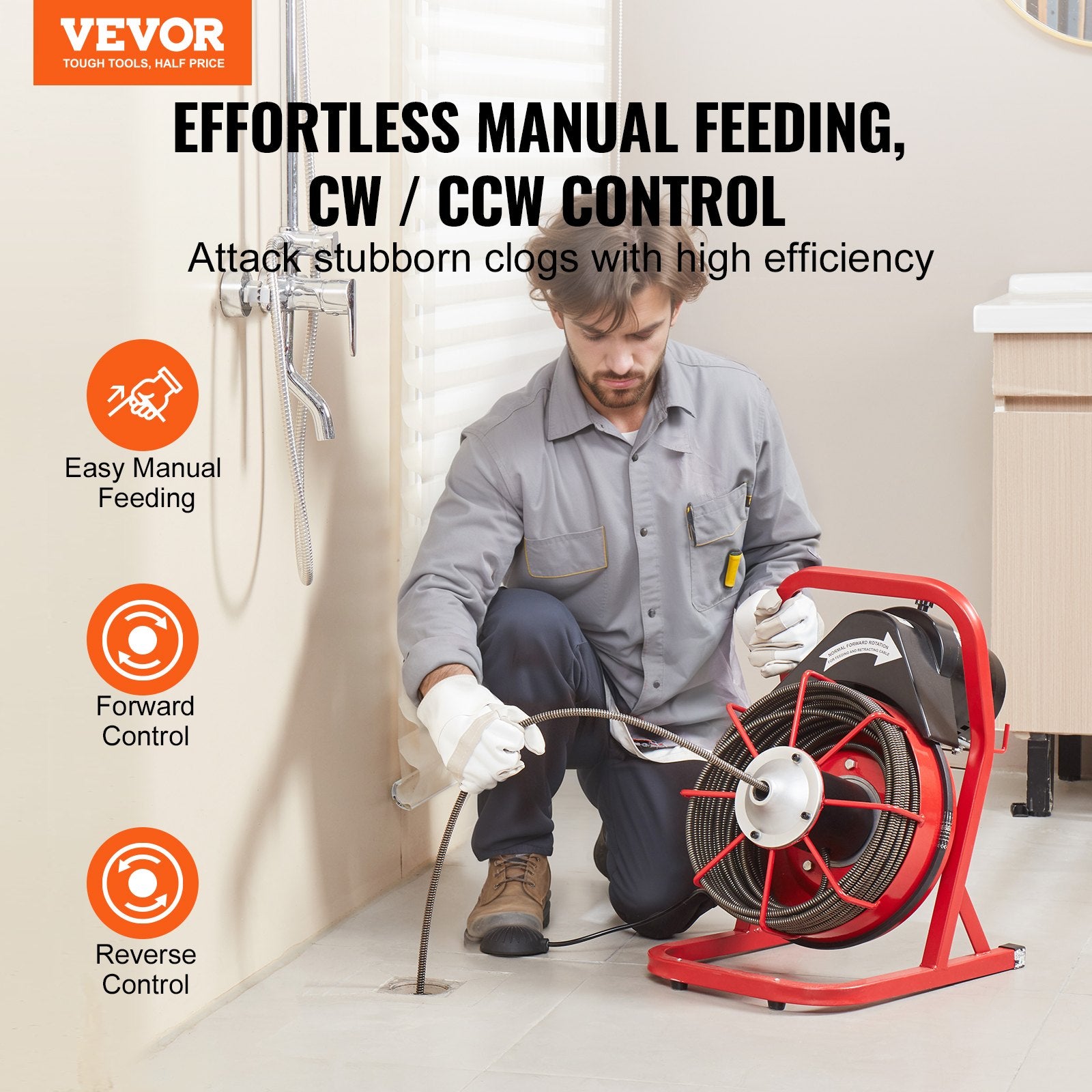 Automotive Repair & Speciality Tools: VEVOR Drain Cleaner Machine Drain Auger 75FT x 3/8 Inch Manual Feed & 4 Cutters